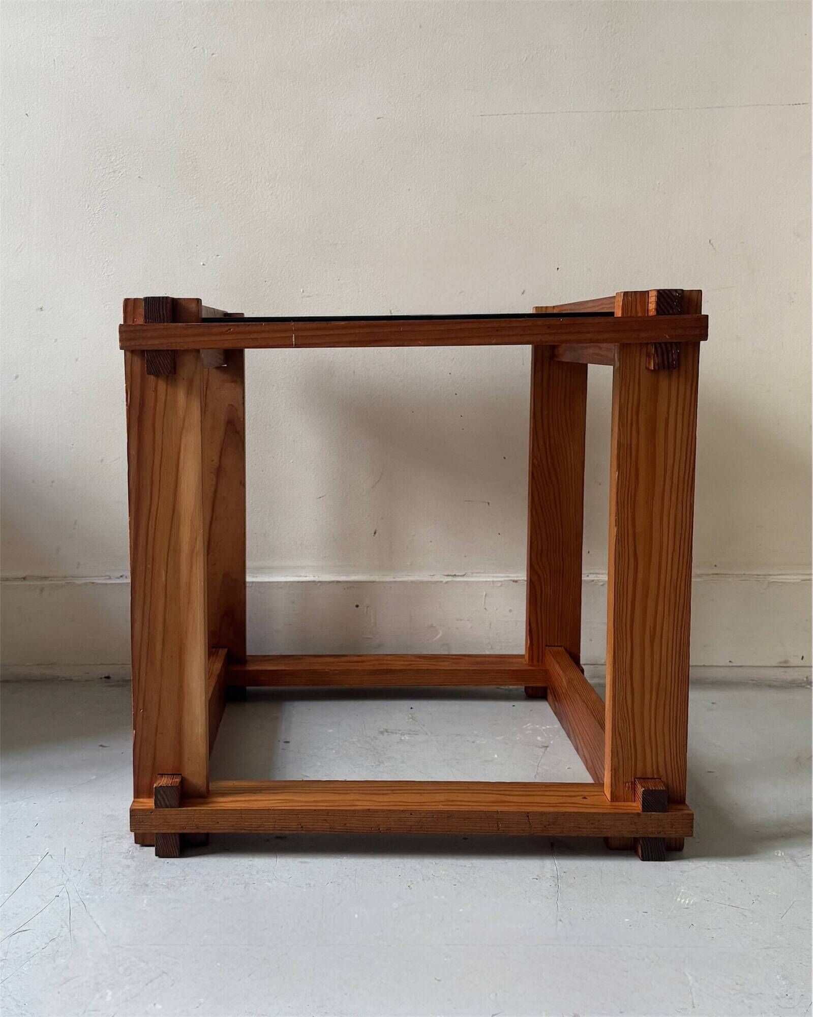 Modernist side table/nightstand in pine wood & smoked glass, 1970s design.