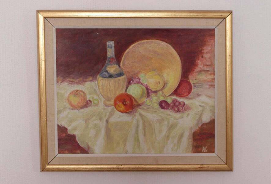 Original Swedish oil on canvas – “Still Life with Fruit and Bottle” by A.K. – vintage & framed – 40 × 48 cm (15.7" × 18.9")