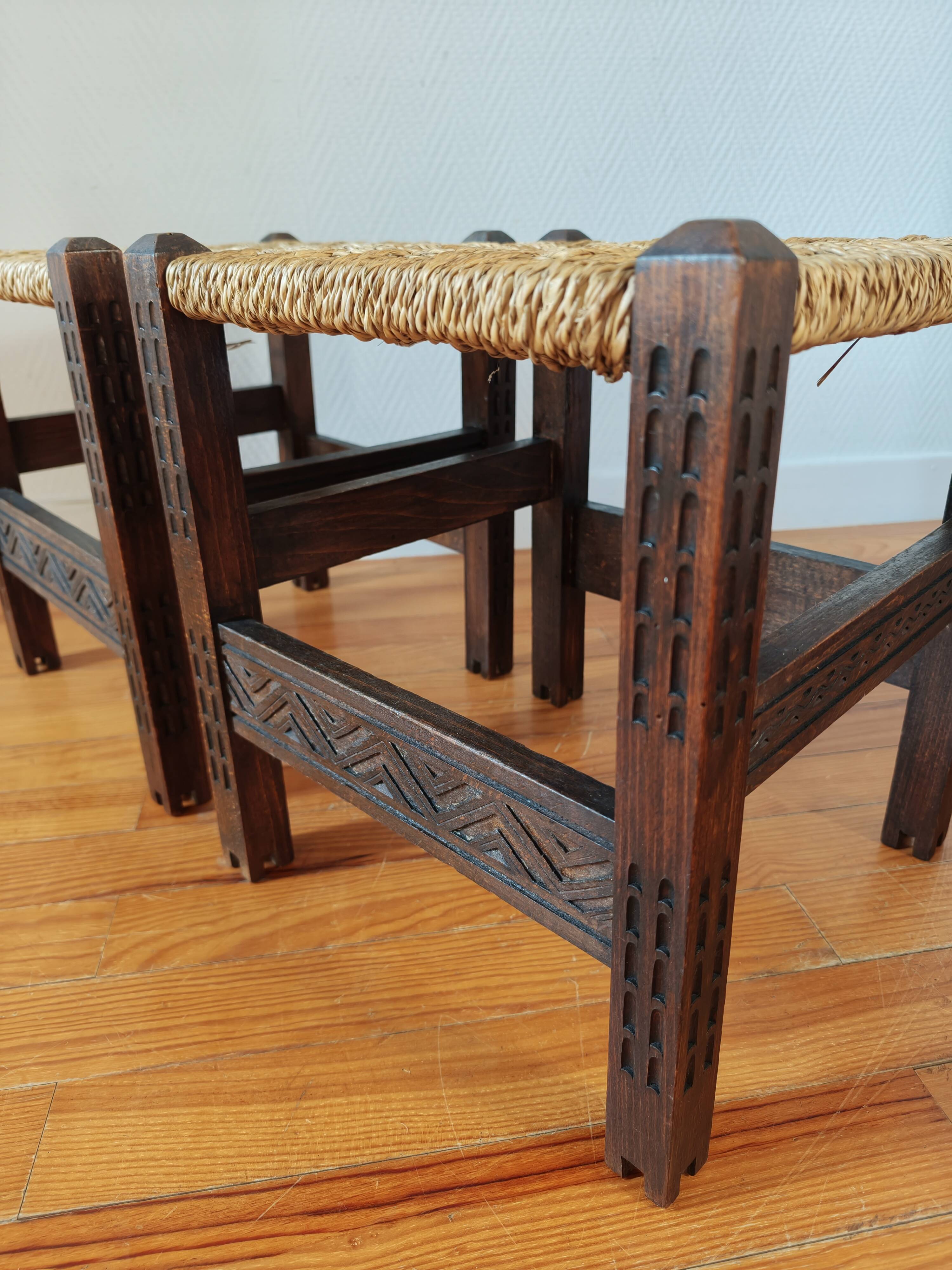 Pair of handcrafted stools from Friuli in carved wood, Italy, circa 1960.