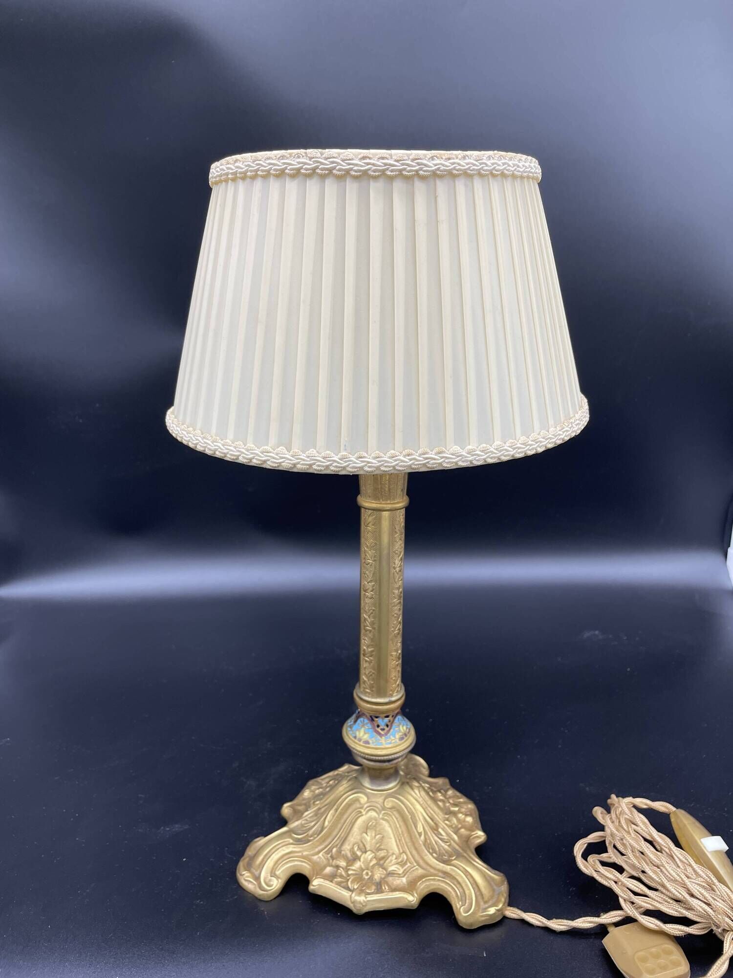 Antique, lamp, bronze, candle holder, gold, cloisonné enamel, ecru white lampshade, flower decor, leaf