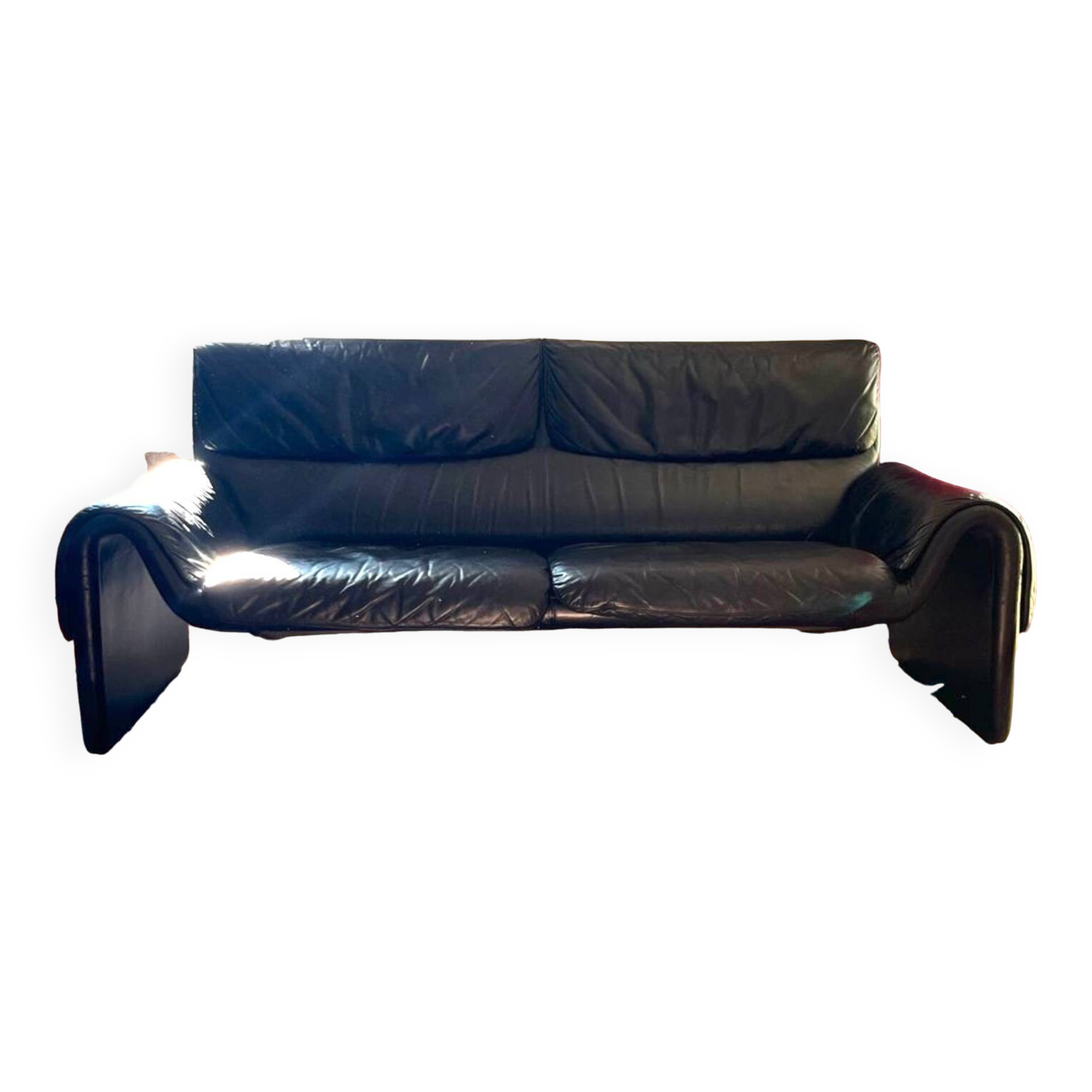 Black leather two-seater sofa