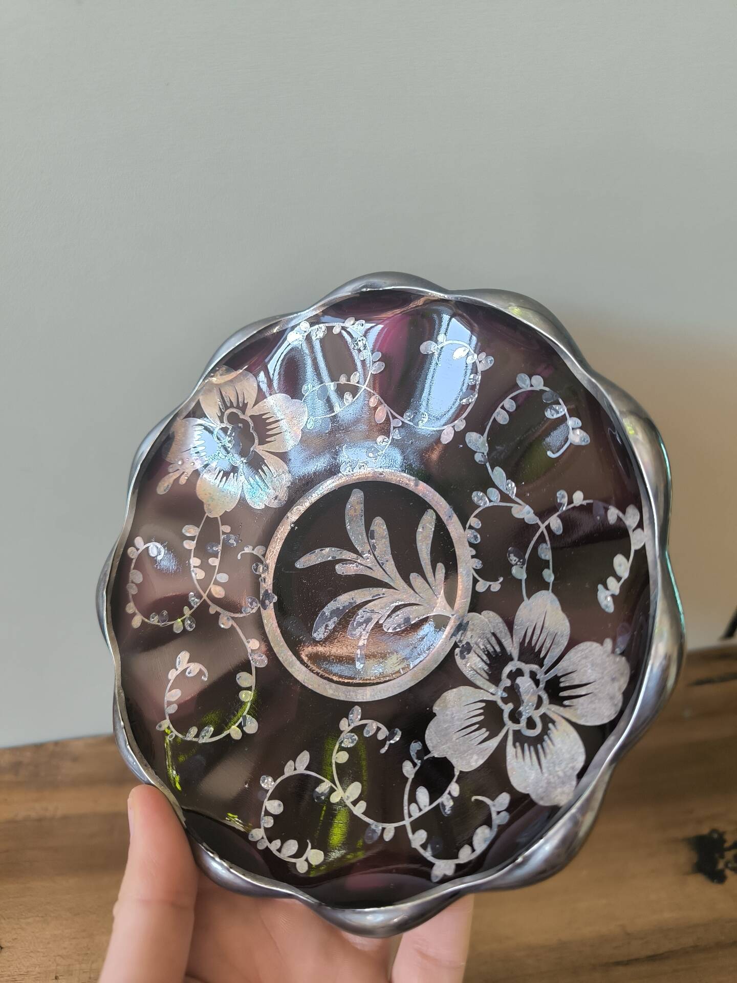 Vintage purple glass plate with silver flower pattern Murano