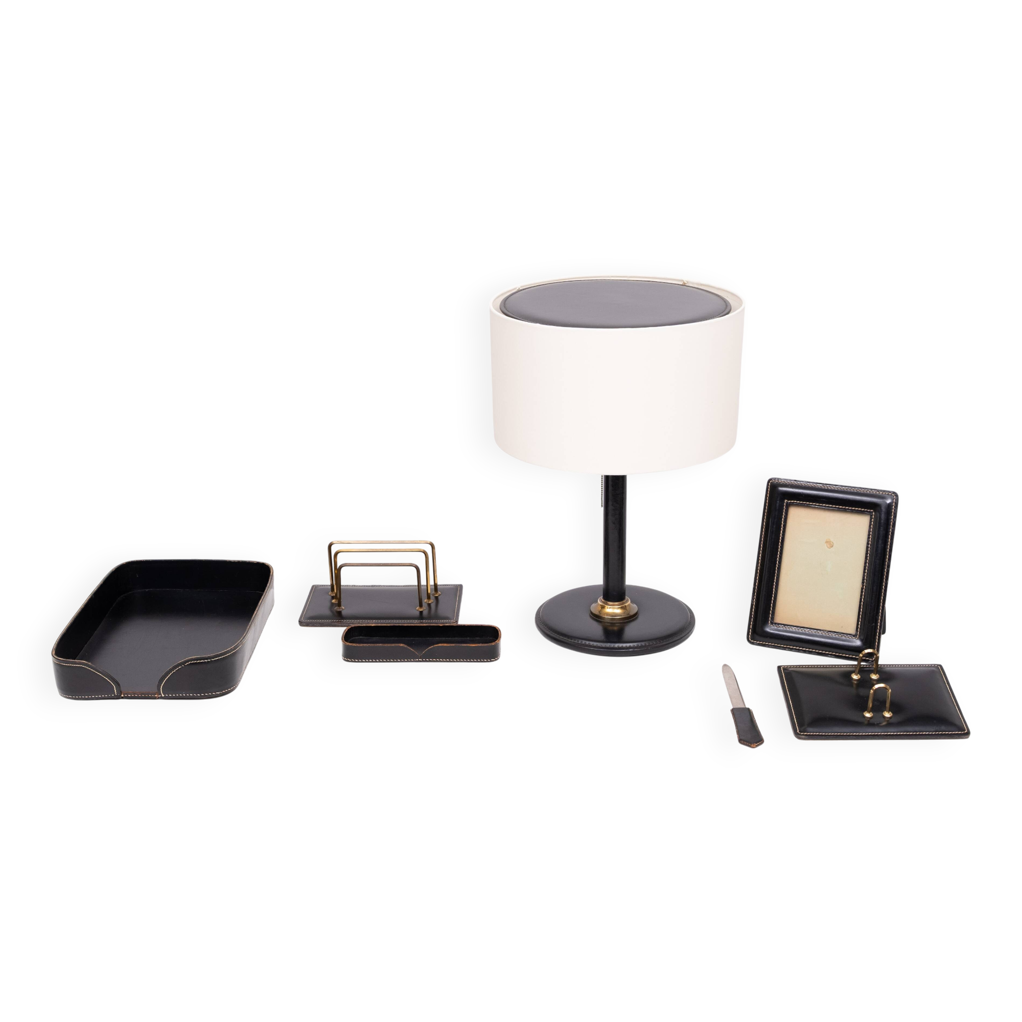 Grand ensemble de bureau exclusif en cuir cousu, années 1960, France