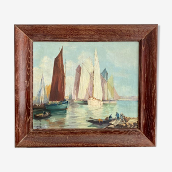 Old table, sailboats at the entrance to the port, signed 60s