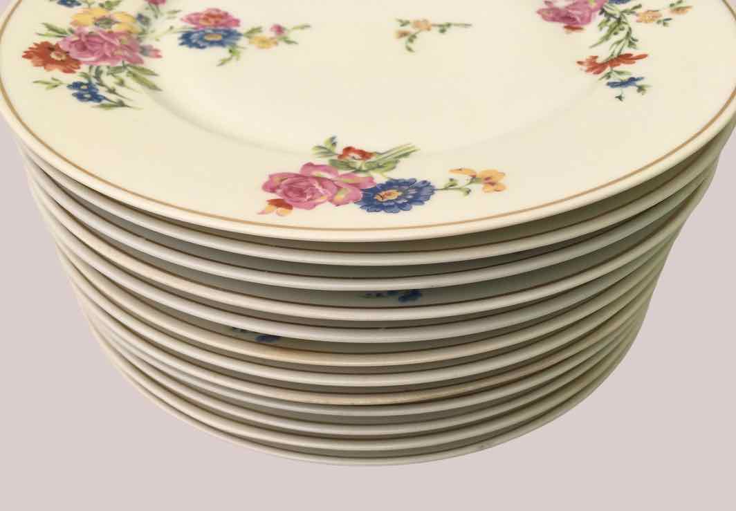 Set of 12 flat plates flowered porcelain