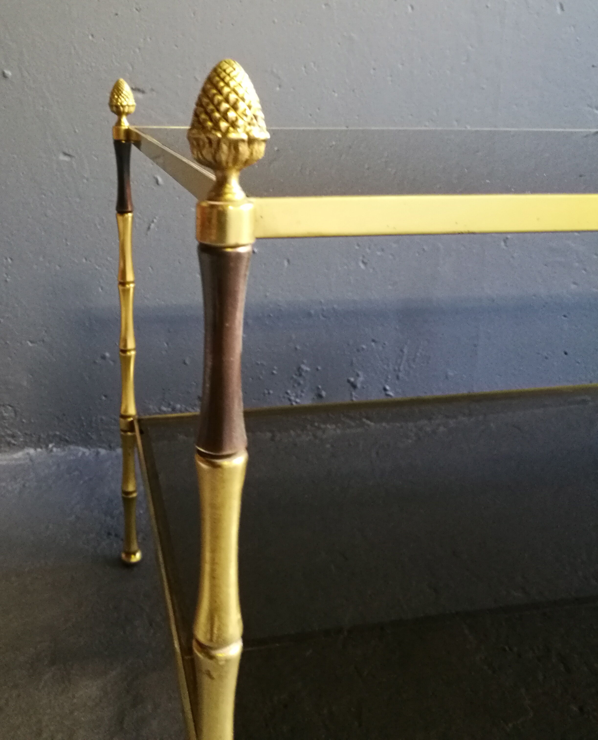 Smoked low years 70 brass and glass table