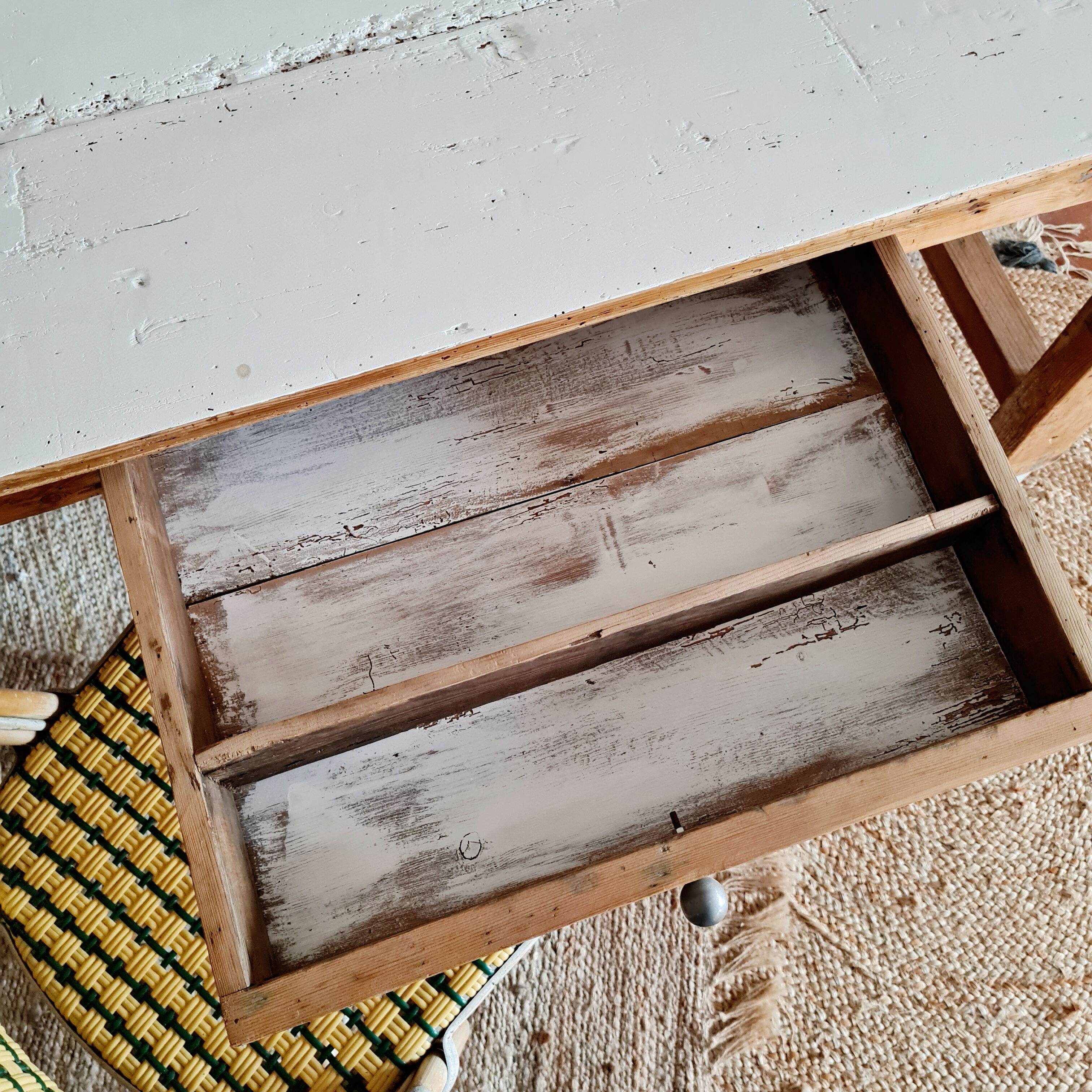 Table d'atelier bureau de métier en bois 1 tiroir plateau blanc