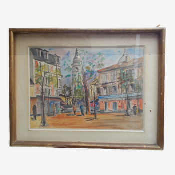 Tableau aquarelle Paris 1954 Jean Micas