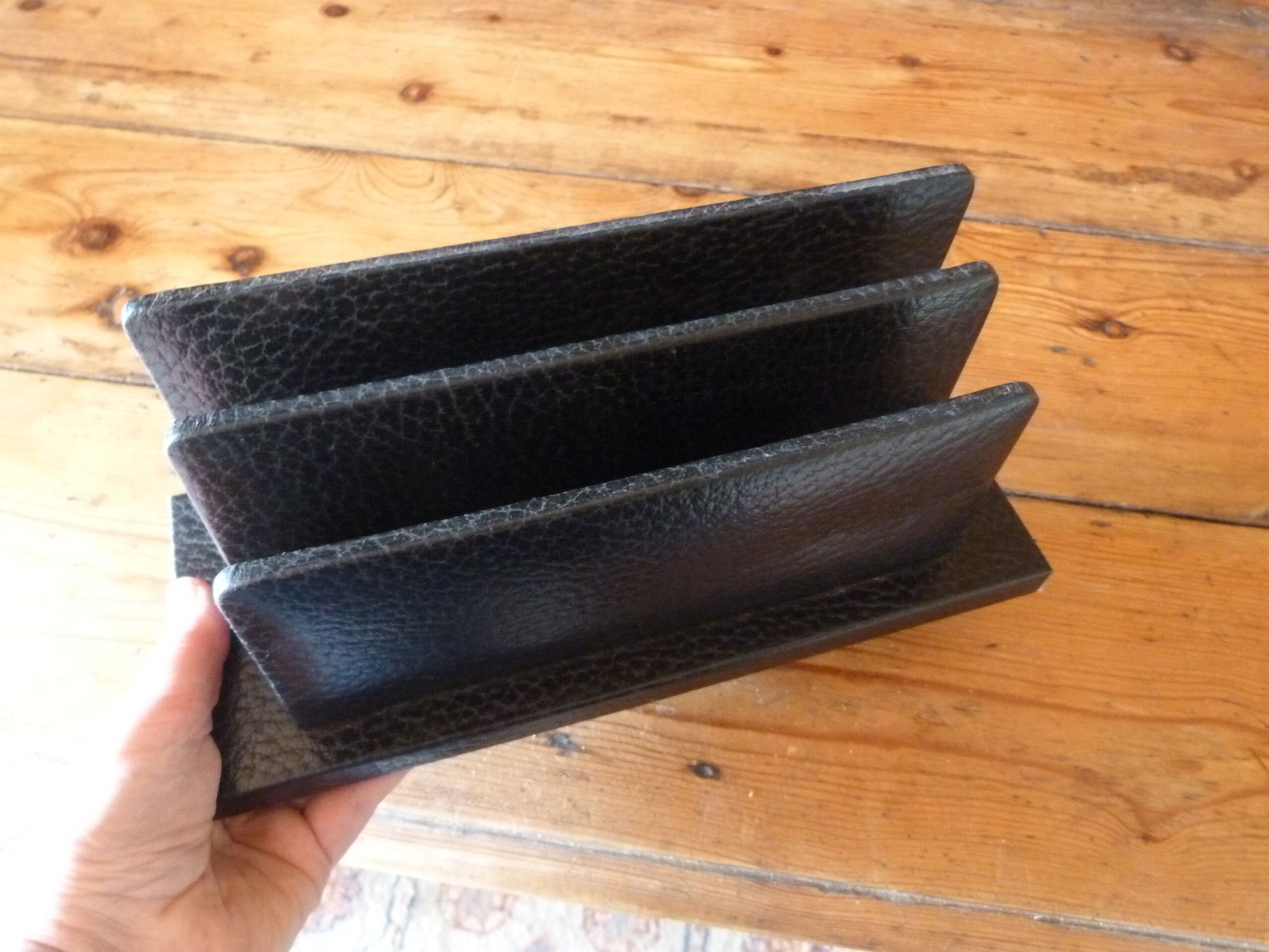 Vintage letter holder in black leather relief office accessory