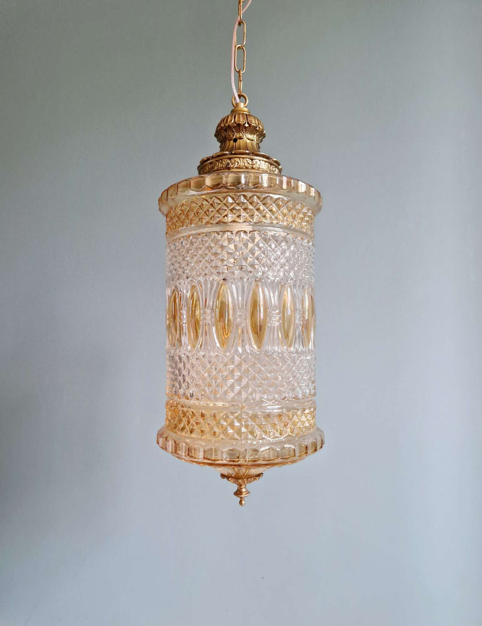 Large glass and brass suspension, lantern type, 1960.