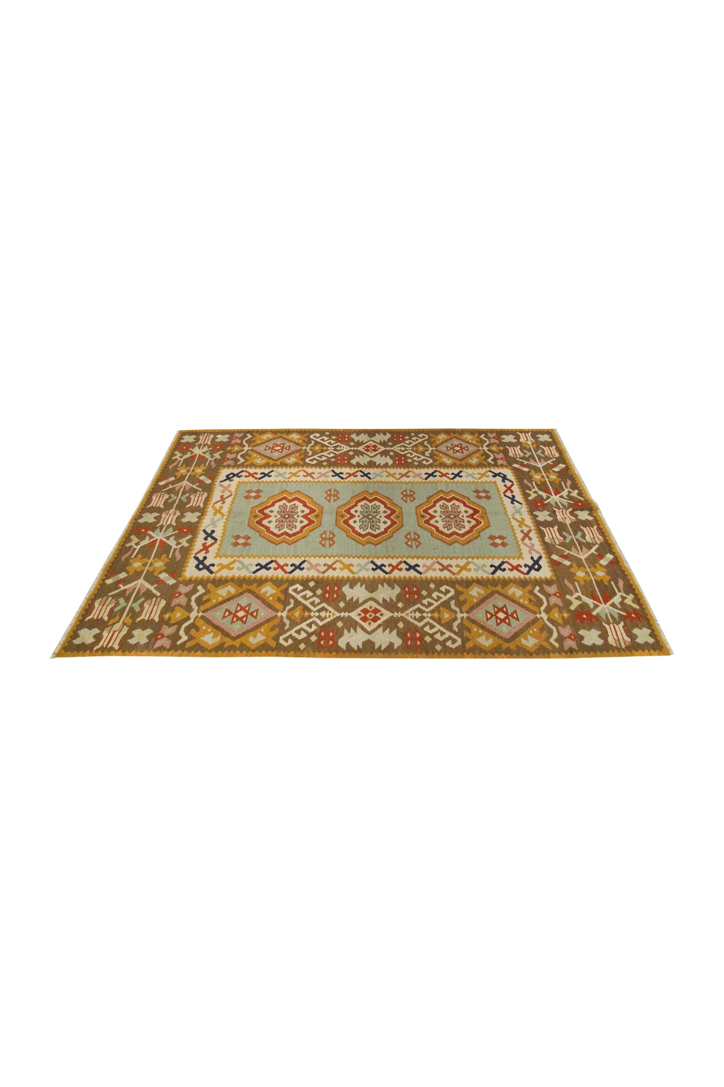 Antique Anatolian Kilim Rug, Turquoise Blue & Mustard Flatweave 141x93 cm