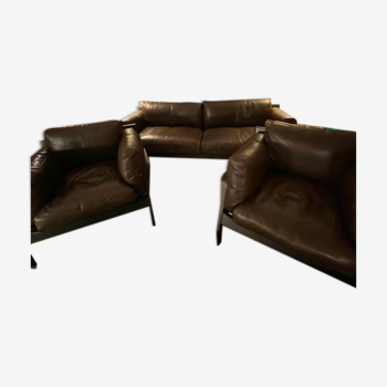 Canapé + 2 fauteuils Eloro 285, cuir marron foncé, design Rodolfo Dordoni, édité par Cassina