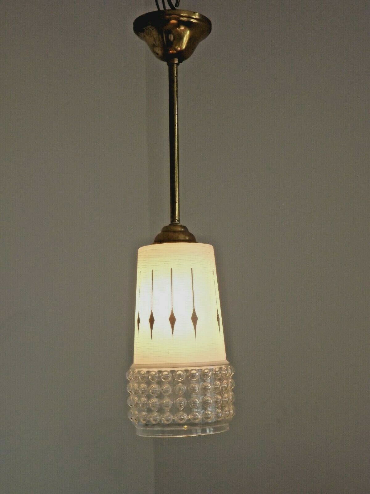French vintage retro white & clear glass shade & gold metal ceiling light 3599