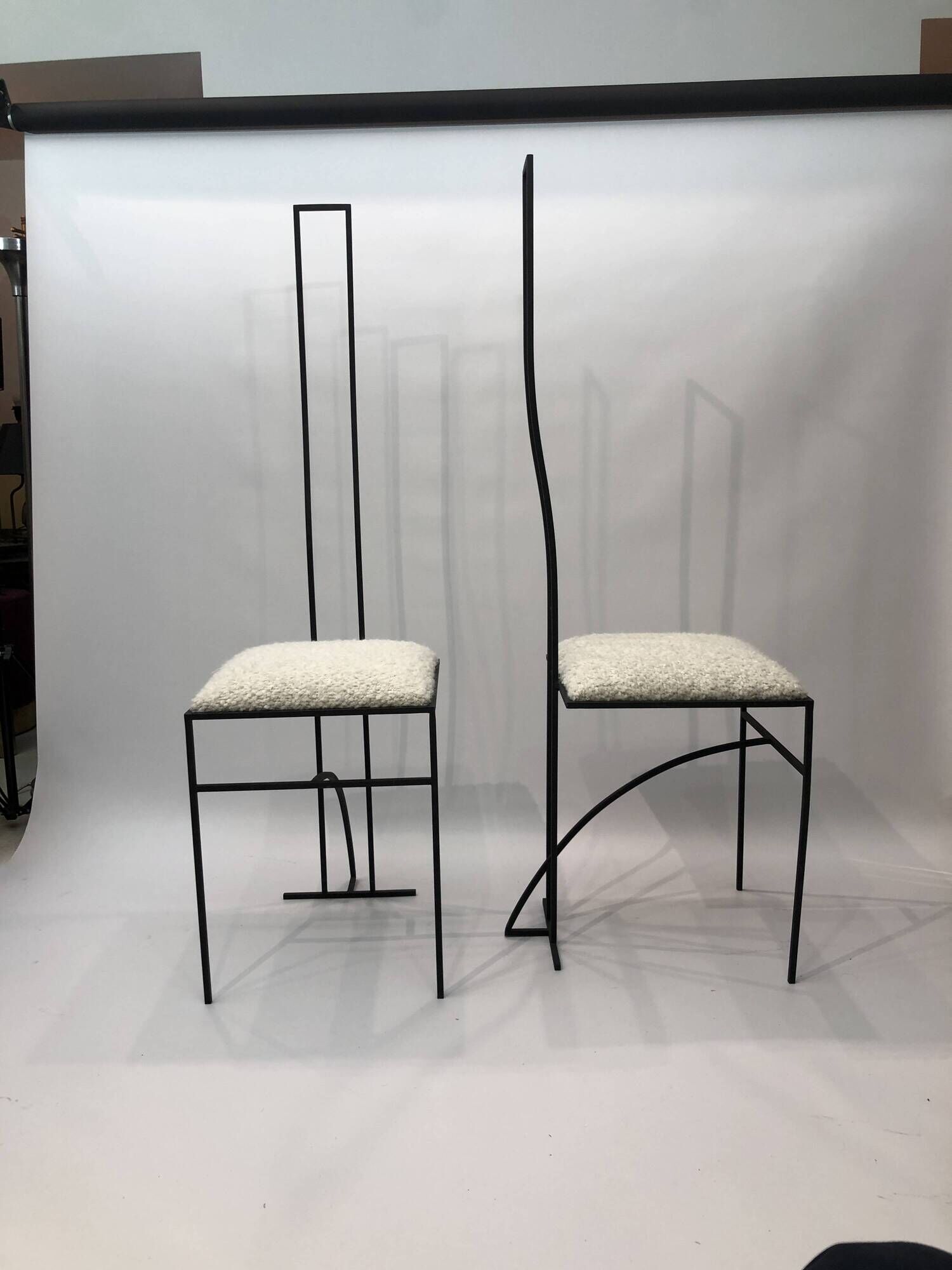 Pair of Postmodern High Back Black Metal Side Chairs in Boucle 1980s Vintage 70s