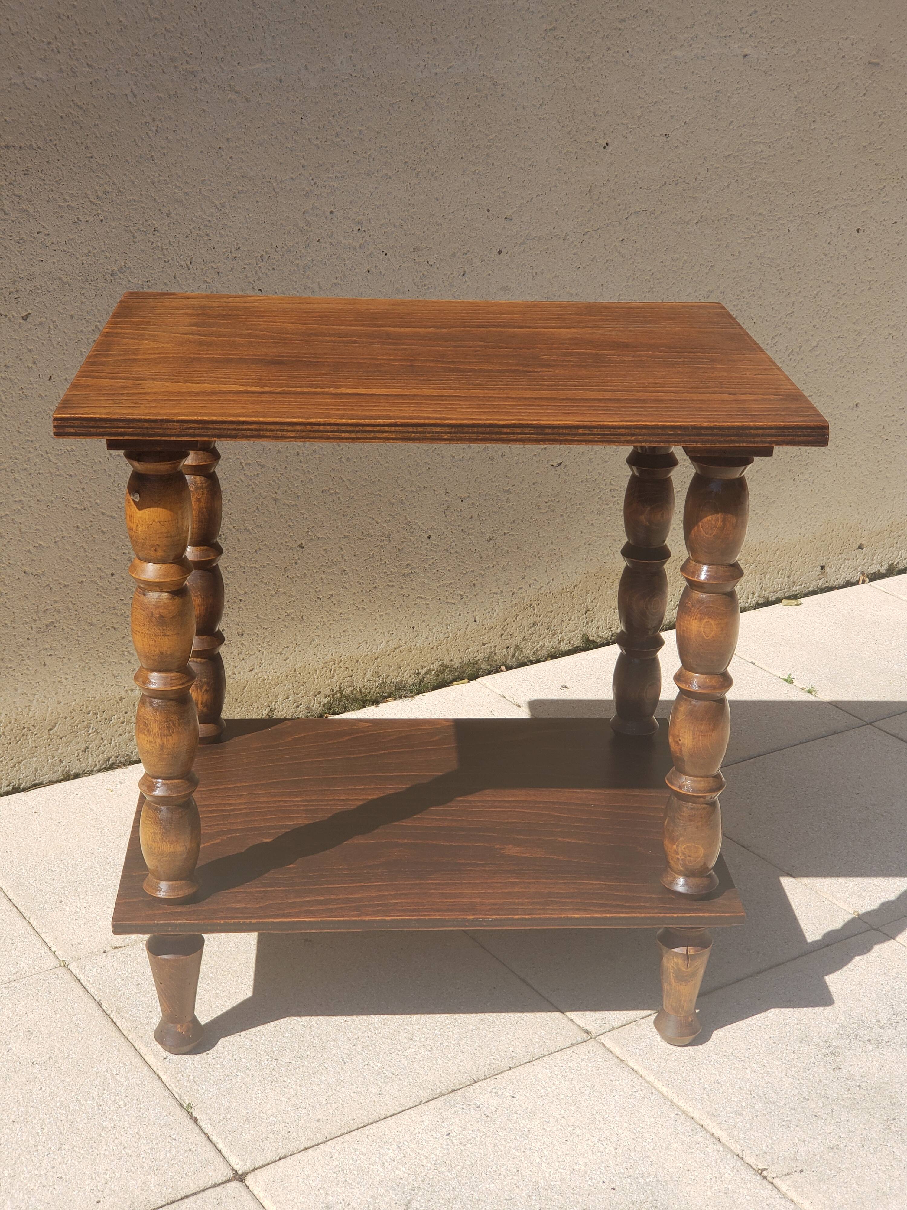 Table d'appoint console ancienne vintage en bois, pieds tournés