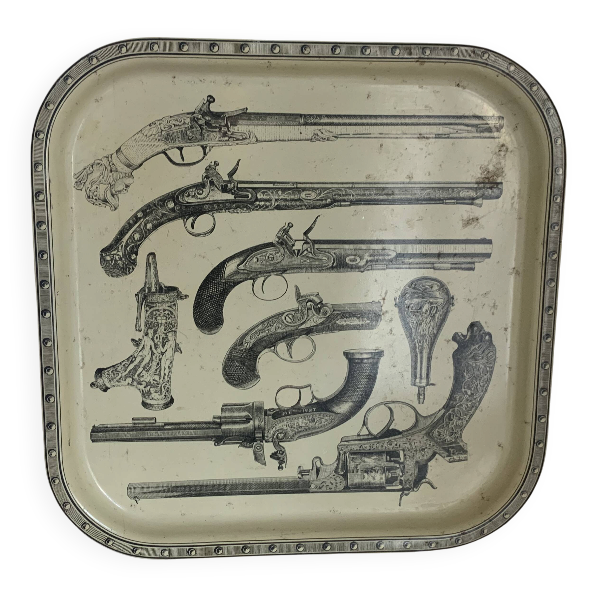 Metal tray guns design style Piero Fornasetti vintage 1960 - 33 x 33