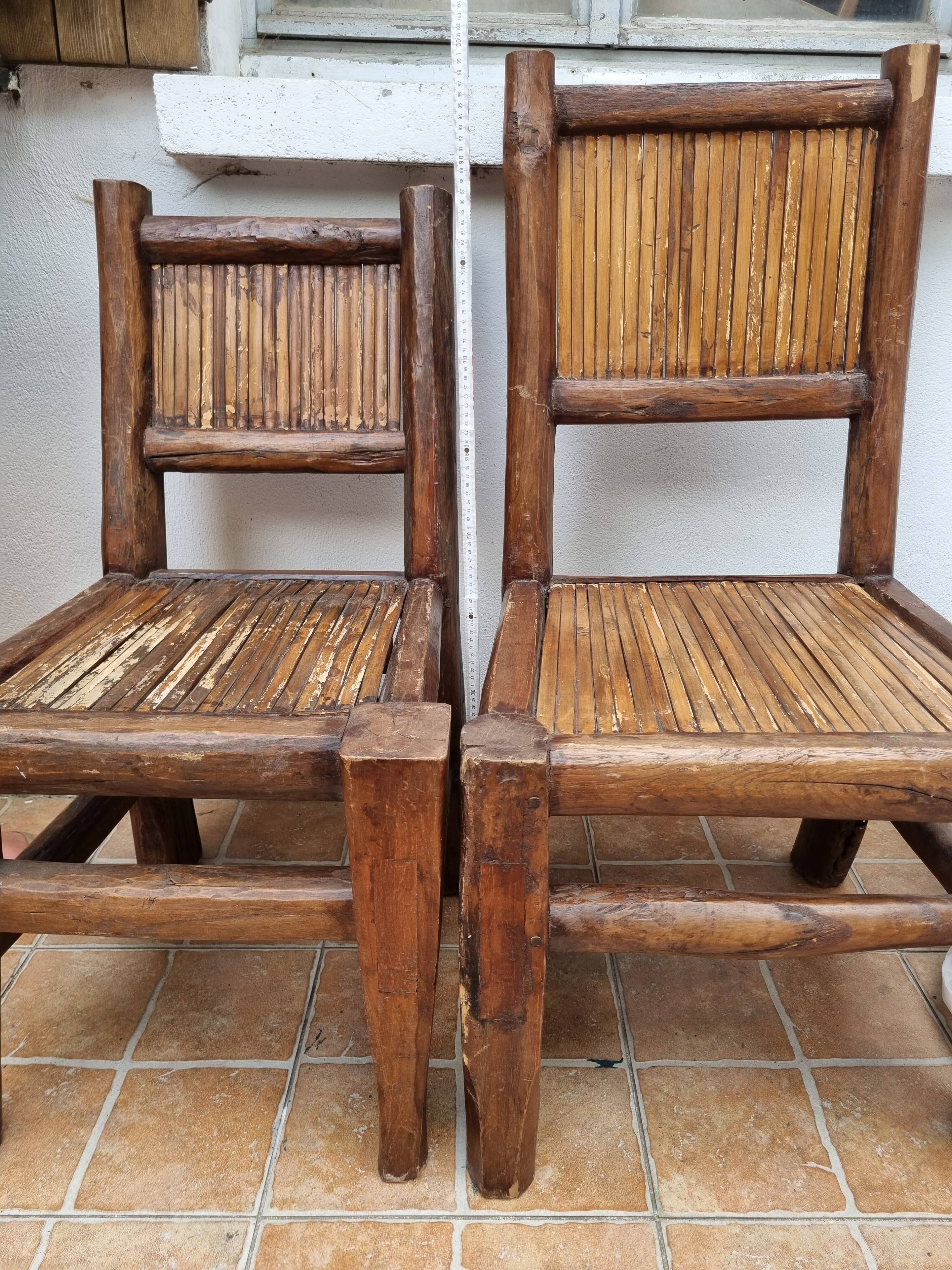 Pair of solid wood and bamboo chairs, brutalist style, 90 cm
