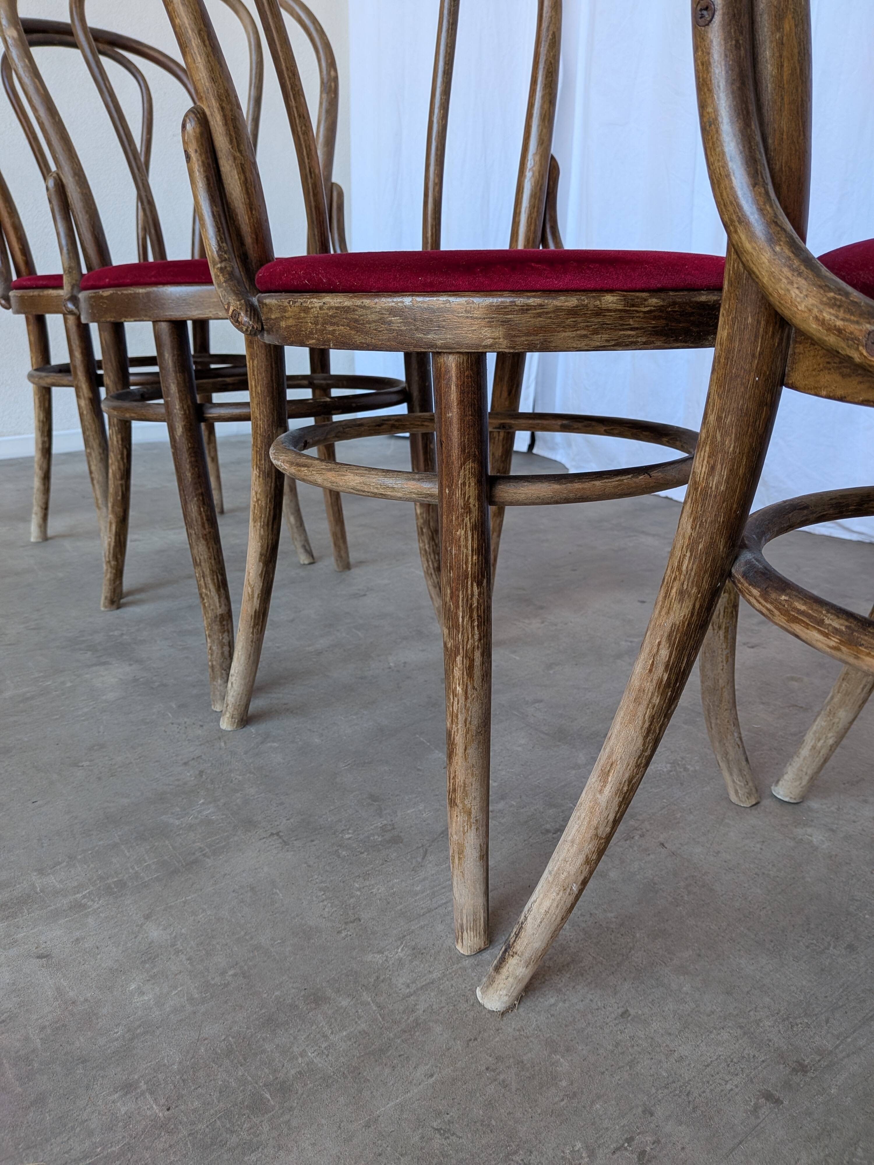Set of 4 Vintage Bentwood Bistro Chairs, Red Upholstery