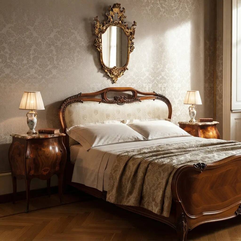 Antique baroque bedside tables in walnut and marble, Italy, 20th century.