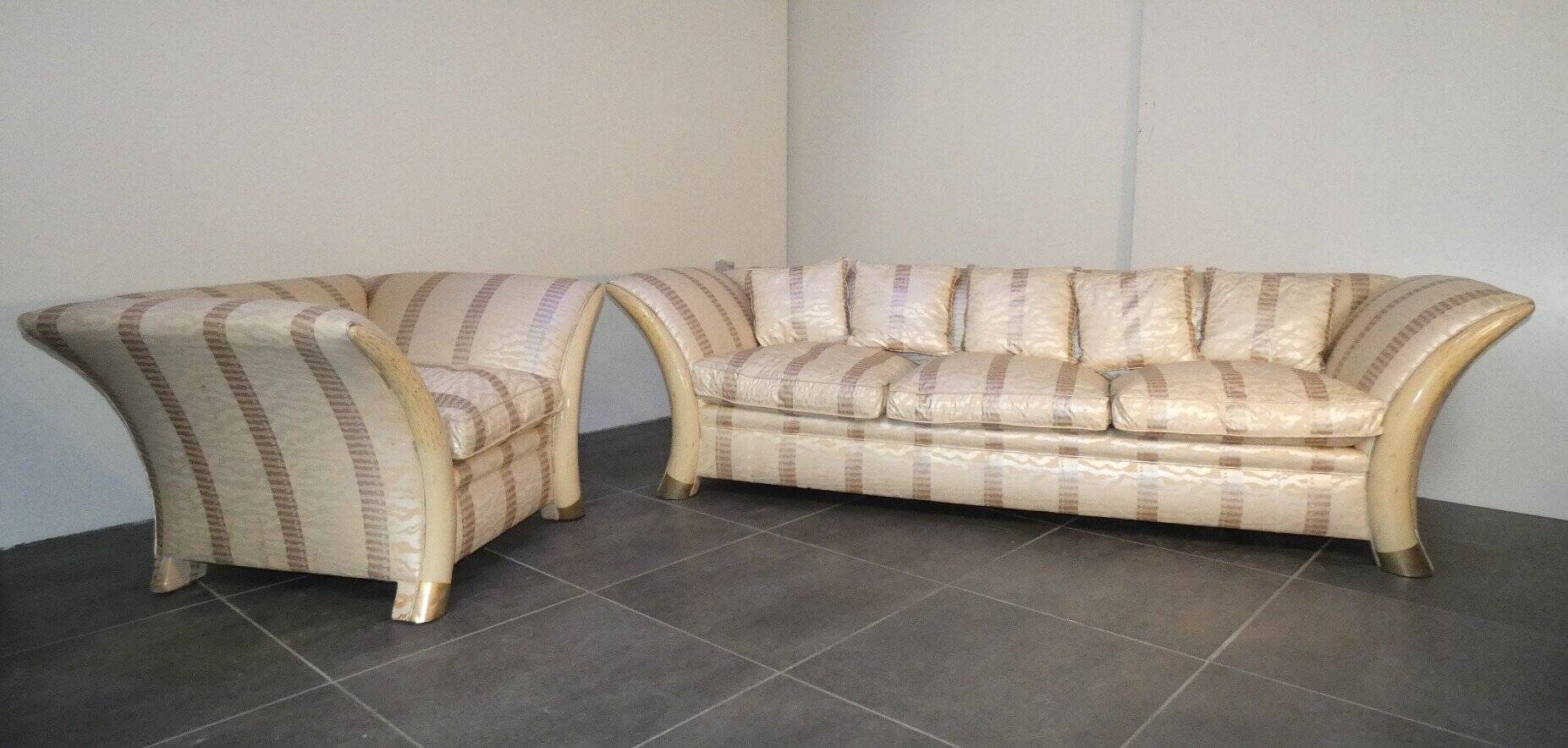 Sofa and armchair in colonial style with saber legs in resin, Italy, 1970s.