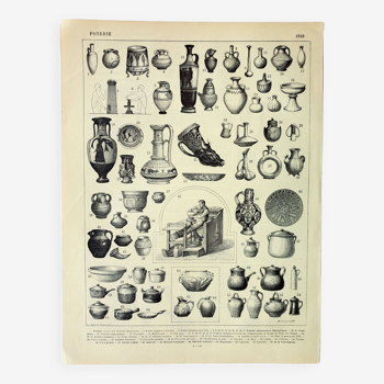 Gravure ancienne 1898, Poterie ancienne, vase, céramique • Lithographie, Planche originale