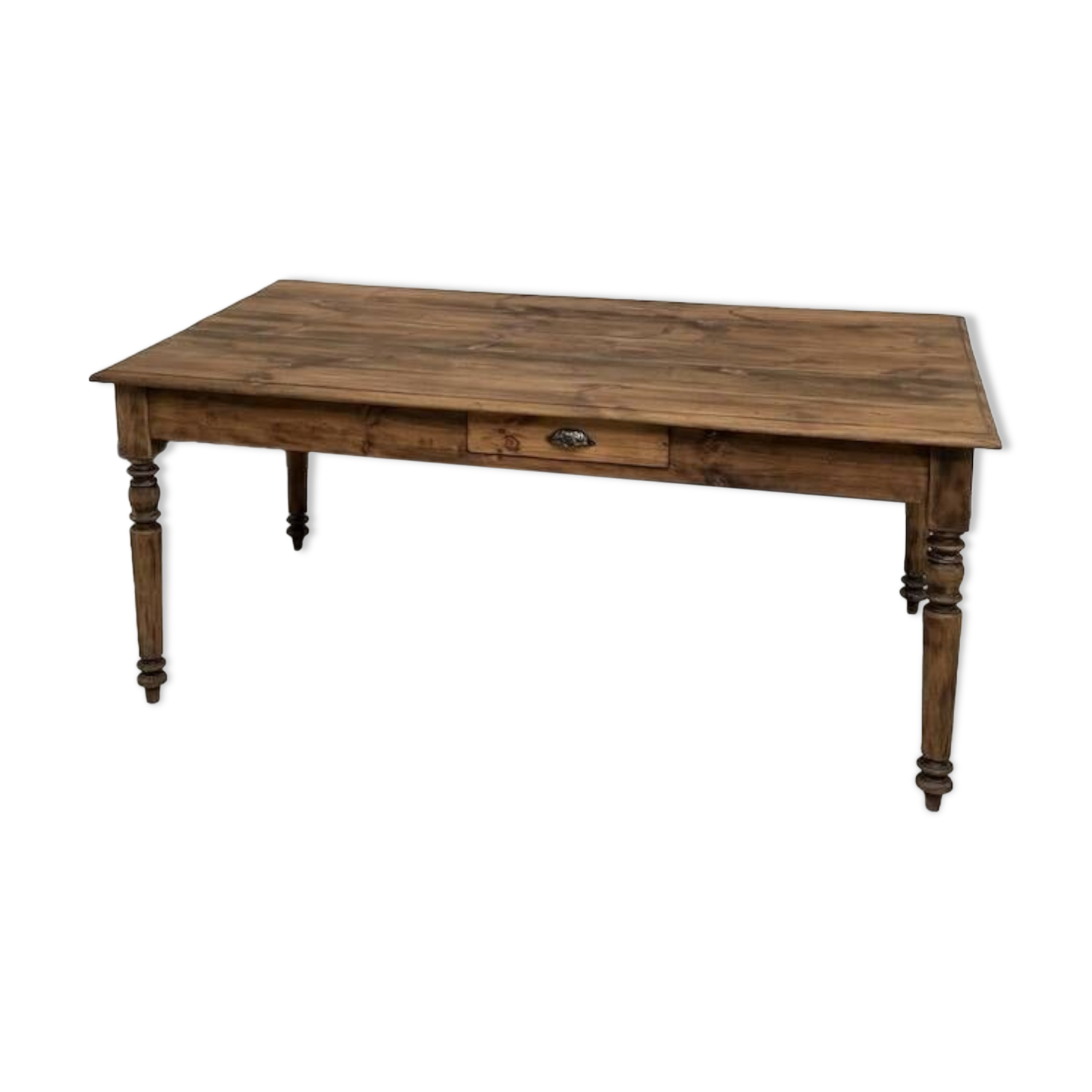 Antique farm table from the 1950s, with 3 drawers and turned legs