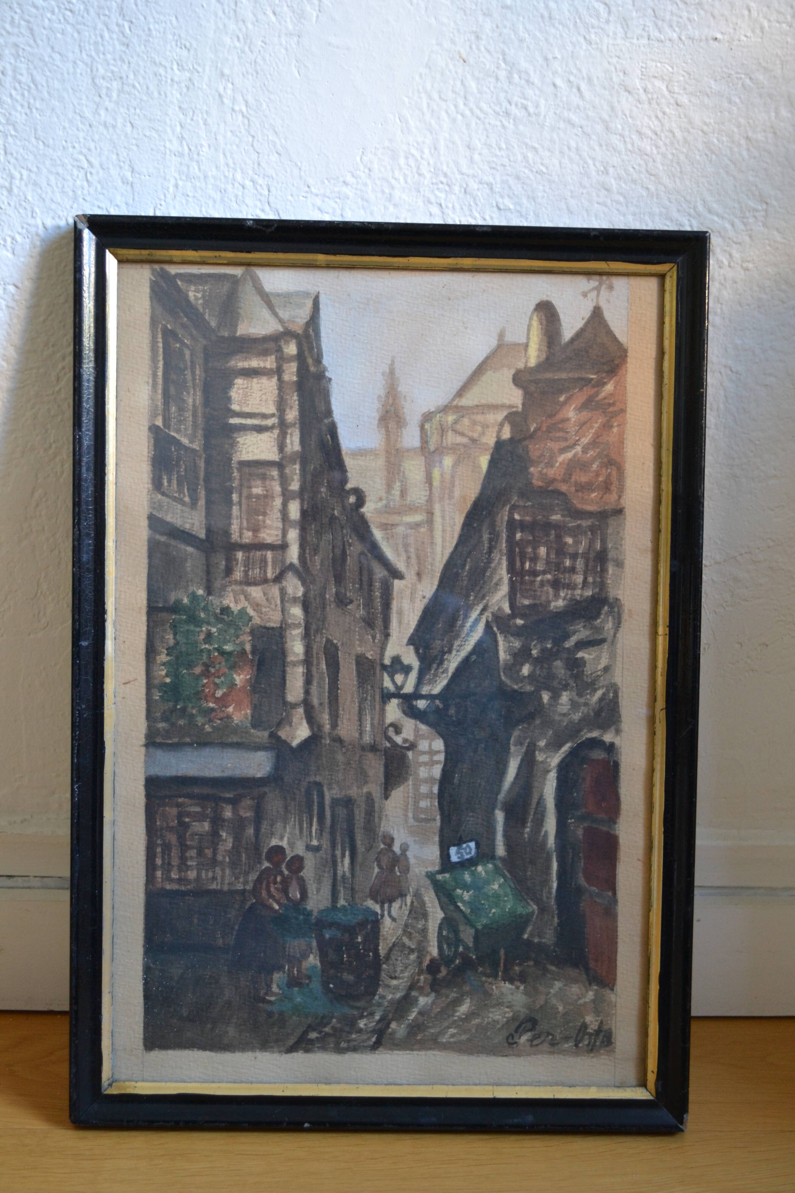 Ancient gouache painting rue brise miche le marais paris