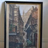 Peinture ancienne gouache rue brise miche le marais paris