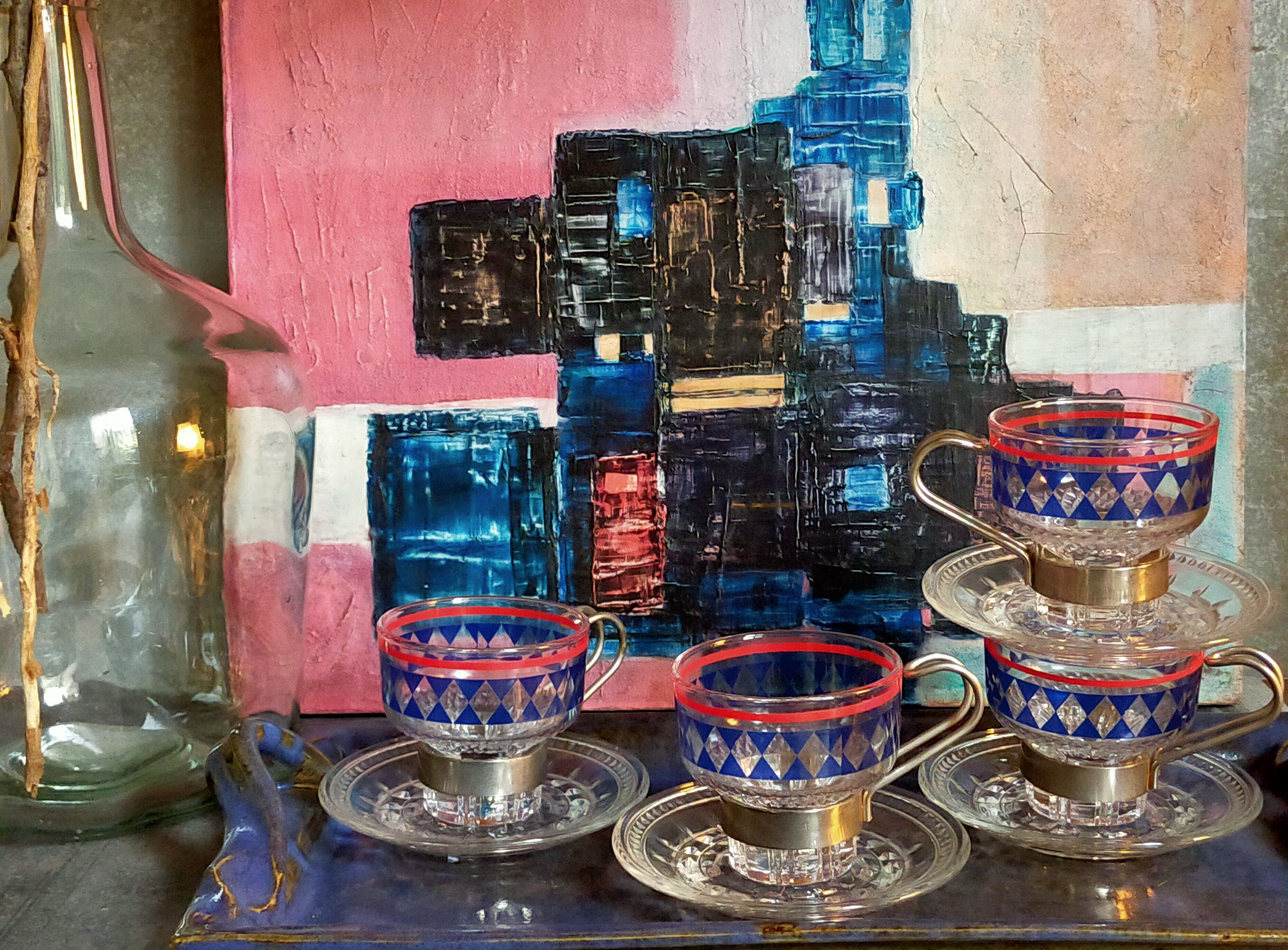 Four vintage coffee cups screen printed glass and metal