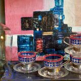 Four vintage coffee cups screen printed glass and metal