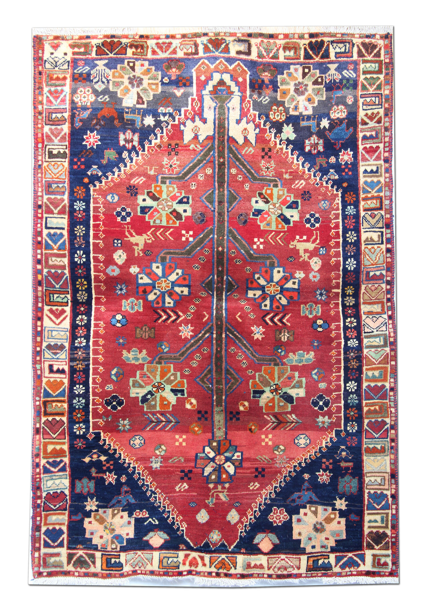 Tapis tribal persan traditionnel fait à la main Tapis de salon en laine rouge bleue - 111x165cm
