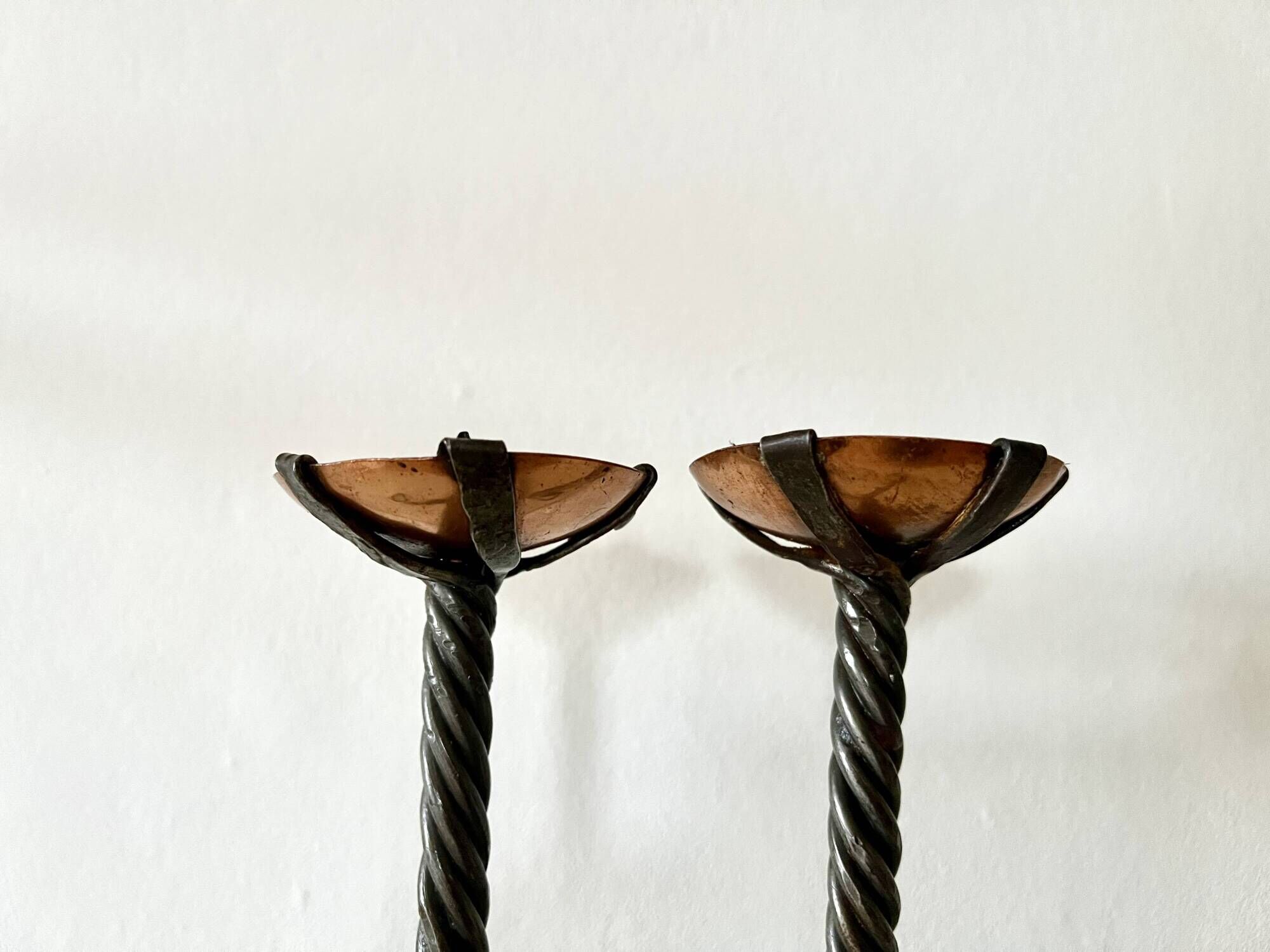 Pair of Arts & Crafts vintage antique candlesticks in wrought iron & copper