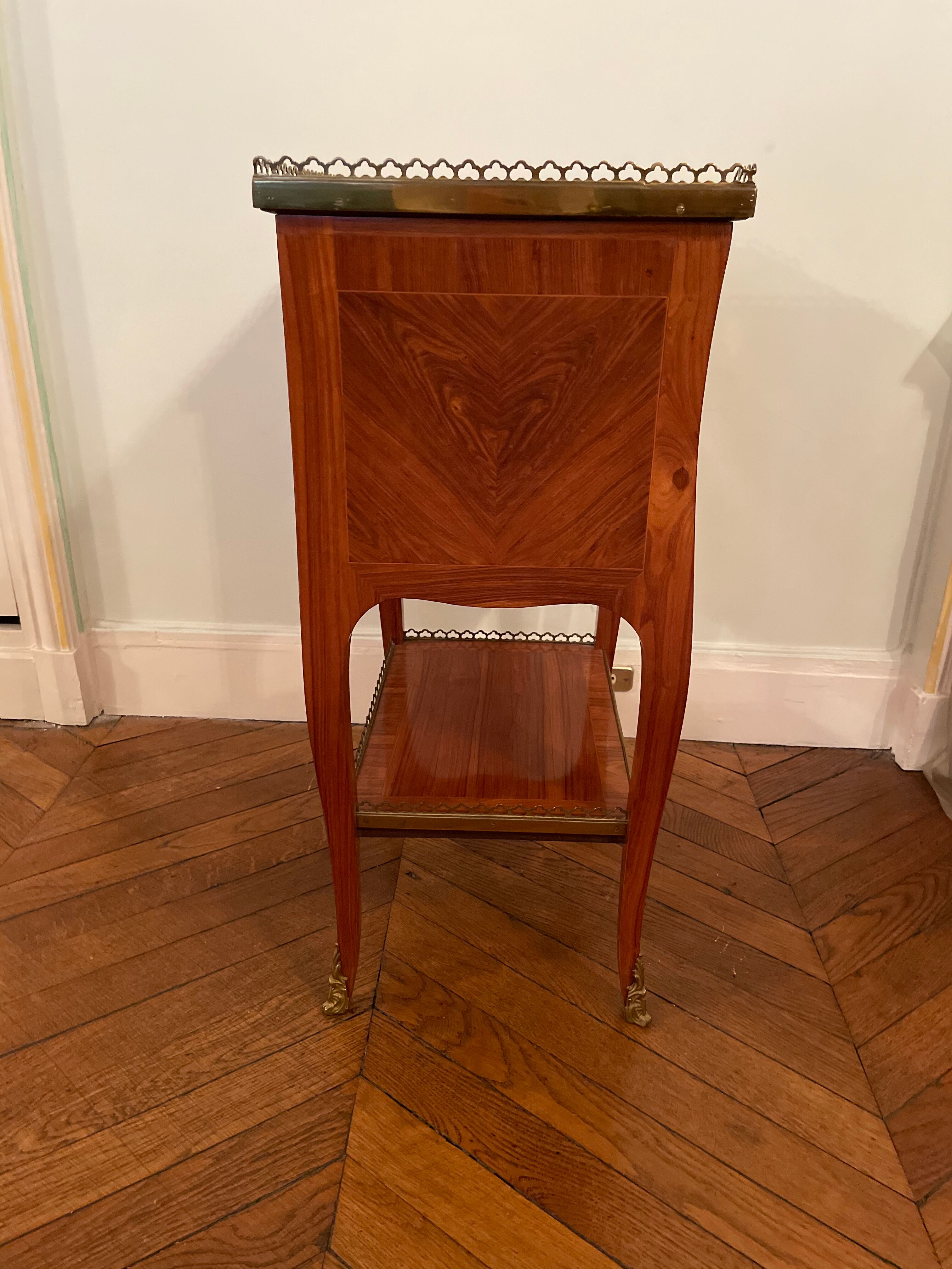 Bedside table of the 18th Louis XV period in marquetry and marble