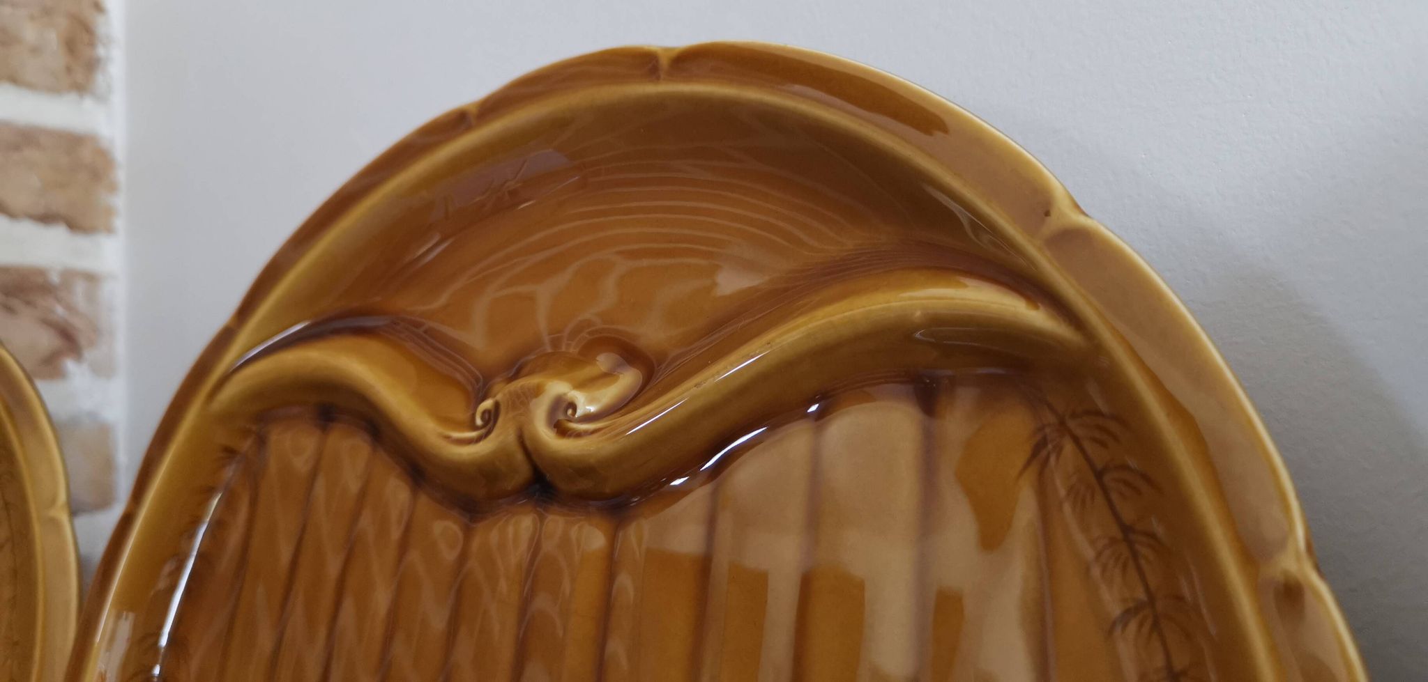 8 vintage Gien France asparagus plates in glazed brown slip