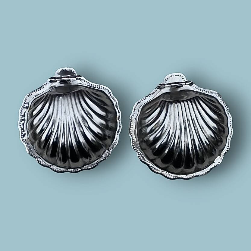 Pair of vintage shell-shaped butter dishes – stainless steel and glass