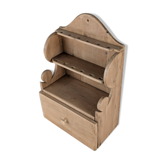 Hand-Carved Folk Art Pine Cutlery Rack with Drawer, 1950s