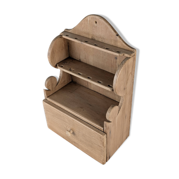 Hand-Carved Folk Art Pine Cutlery Rack with Drawer, 1950s