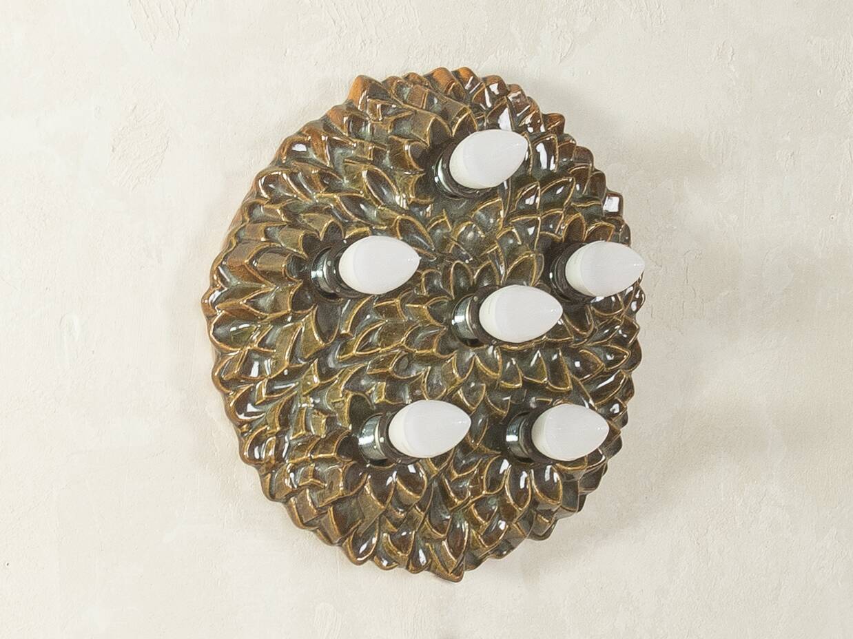 1970s Ceramic Wall Lamp with Floral Ornamentation