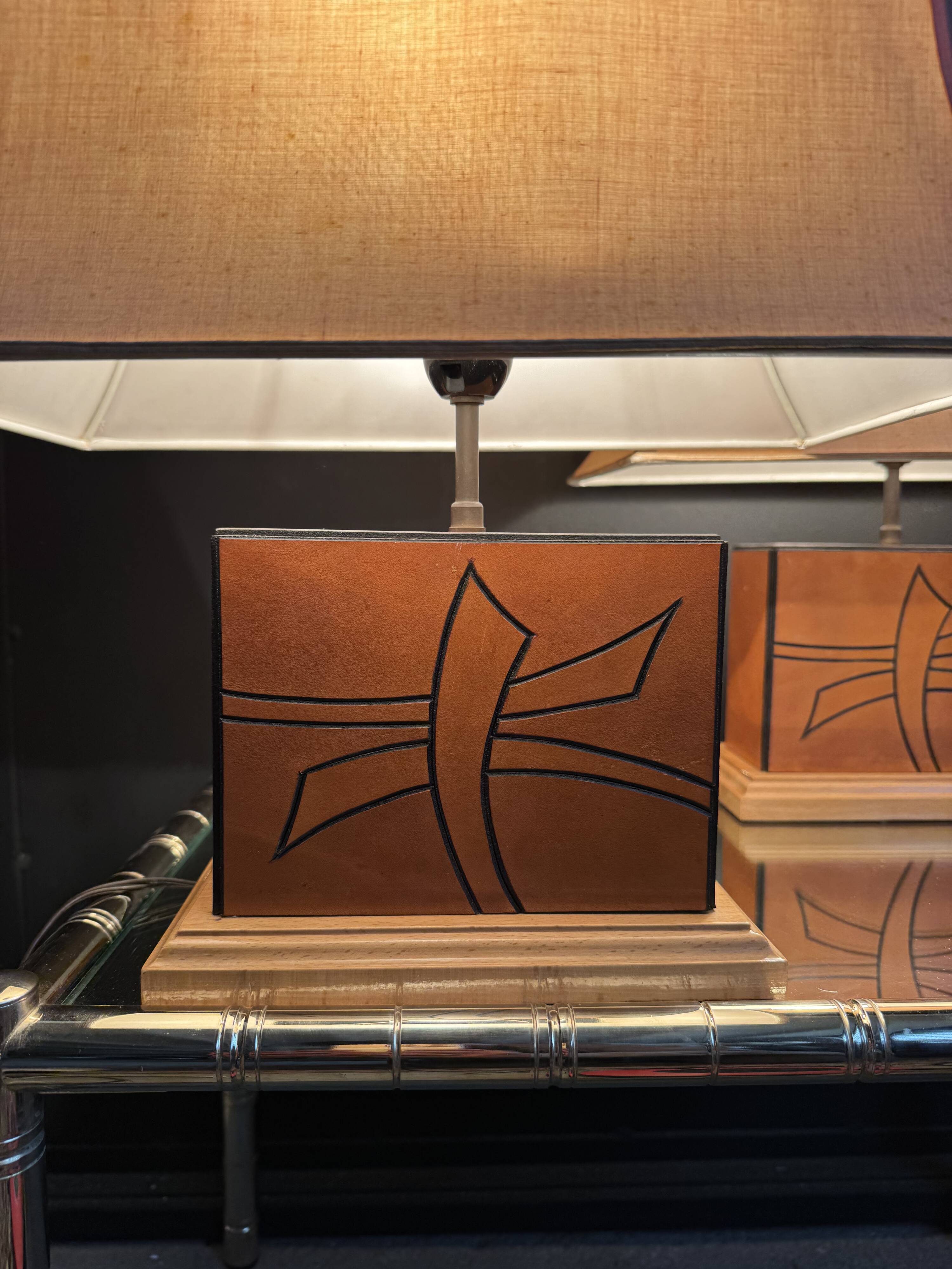70s leather and wood pagoda lamps