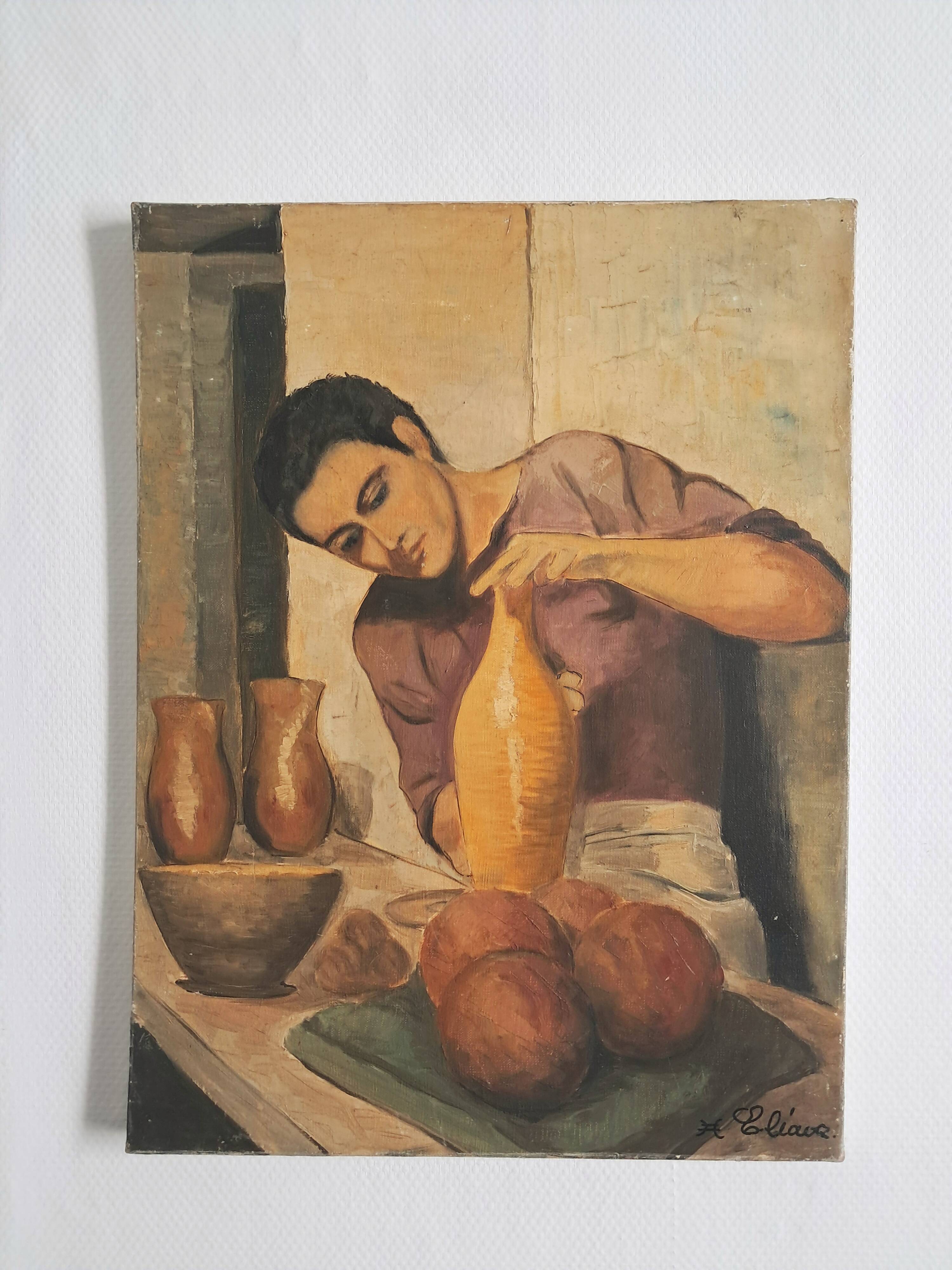 Figurative painting depicting a potter handling a large vase.