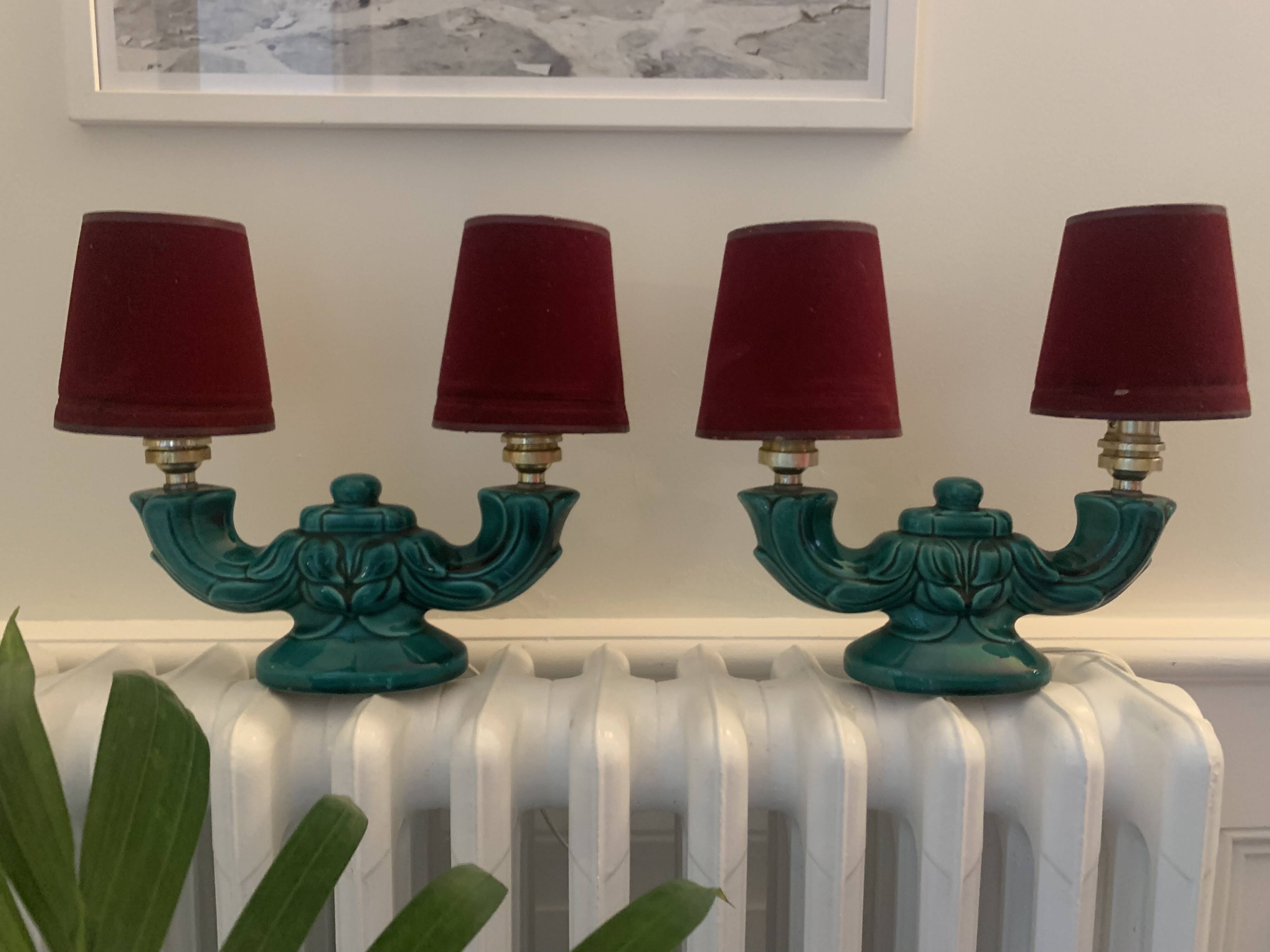 Pair of ceramic lamps with two arms of light, 1940s