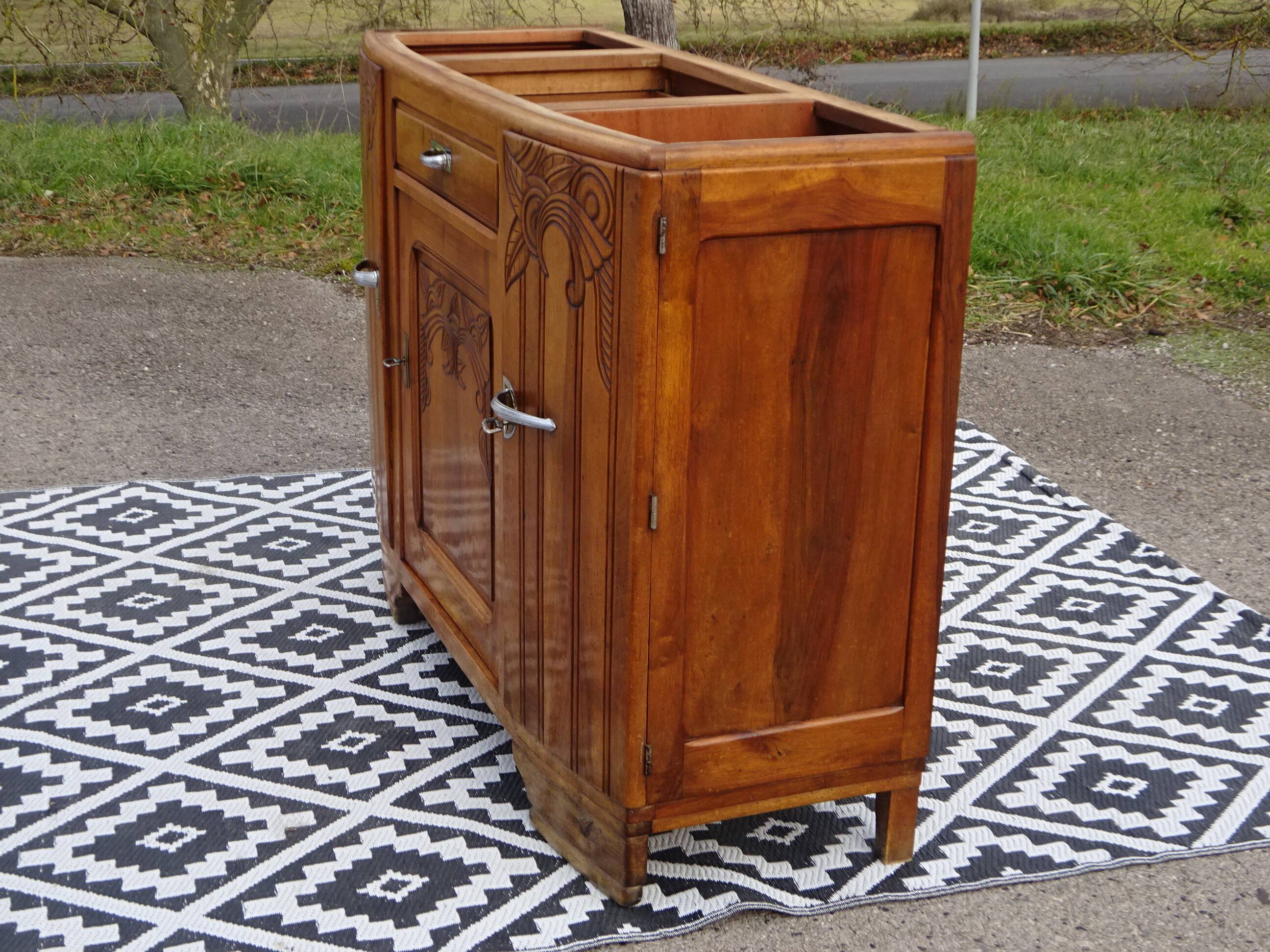 Narrow sideboard, art deco in light walnut, gray marble top