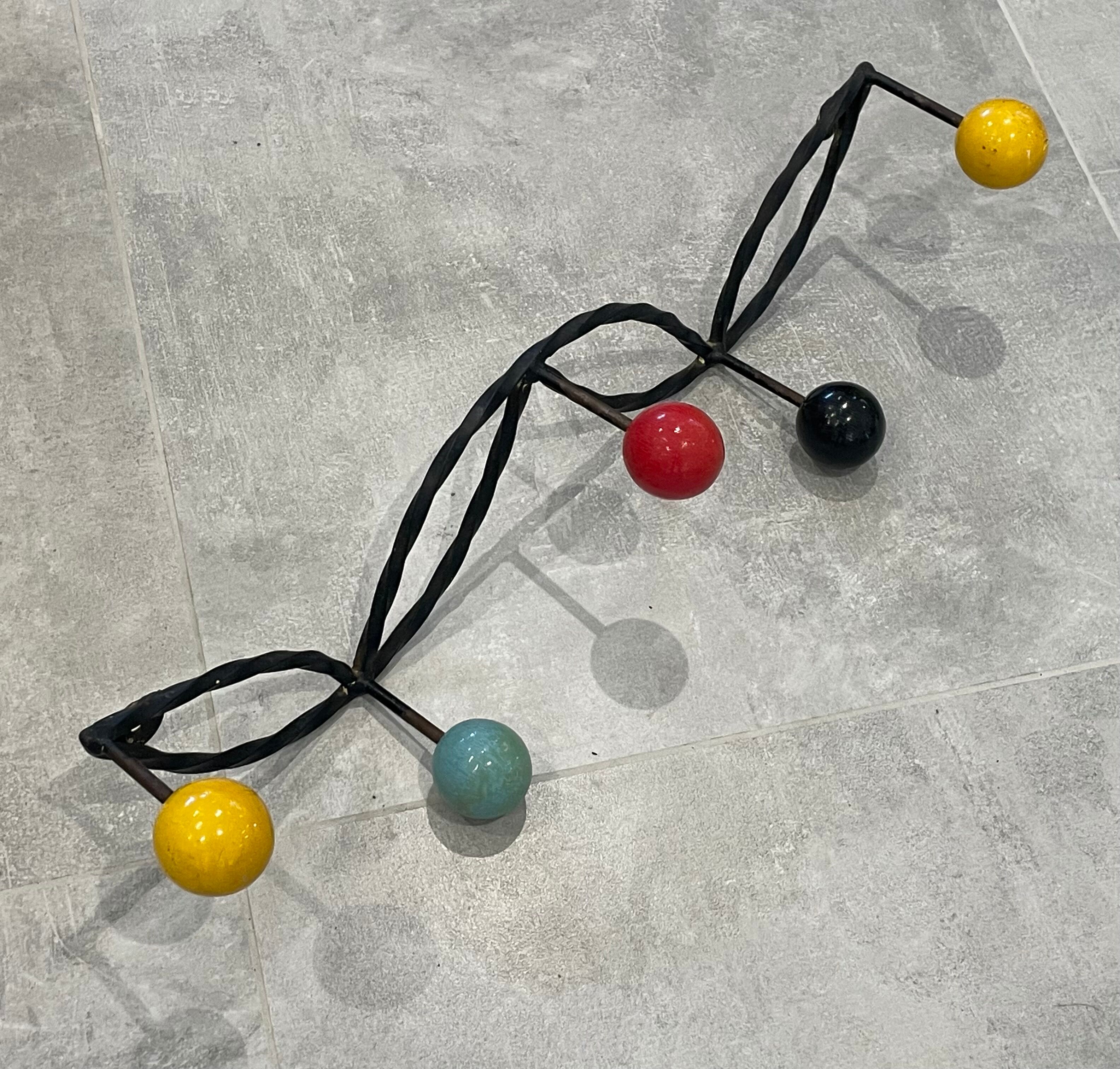 Coat rack hook 5 twisted multicolored balls circa 1960