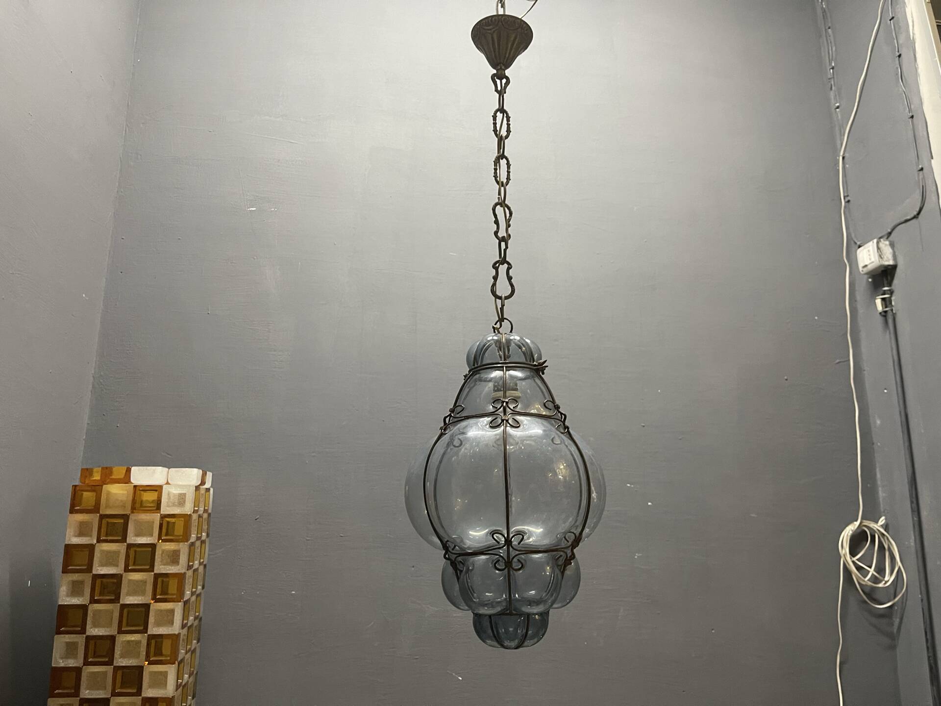 Wrought Iron Blue Murano Glass Light Pendant 1960’s