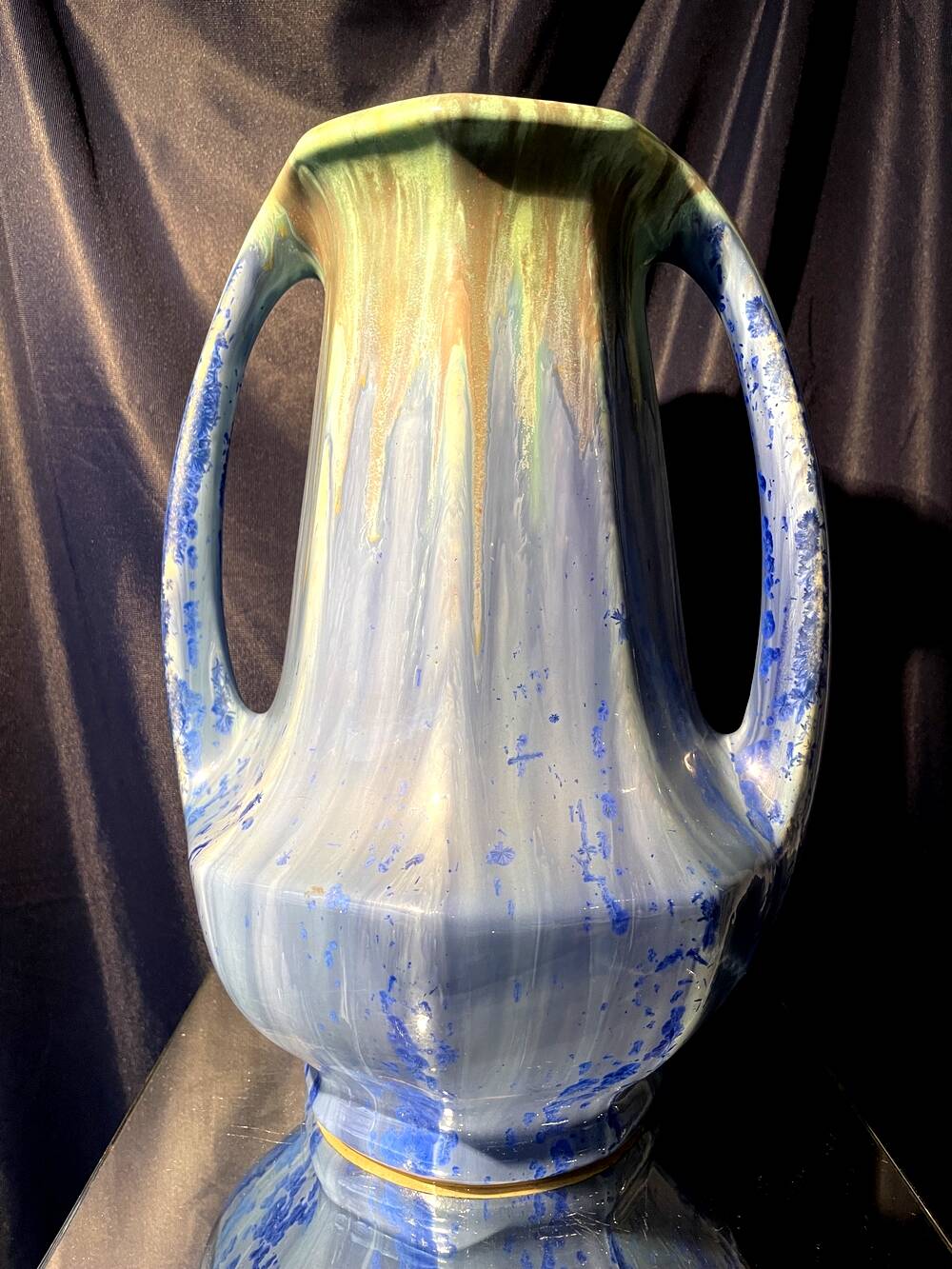 Grand vase forme amphore en gres de pierrefonds a couleur bleue et verte