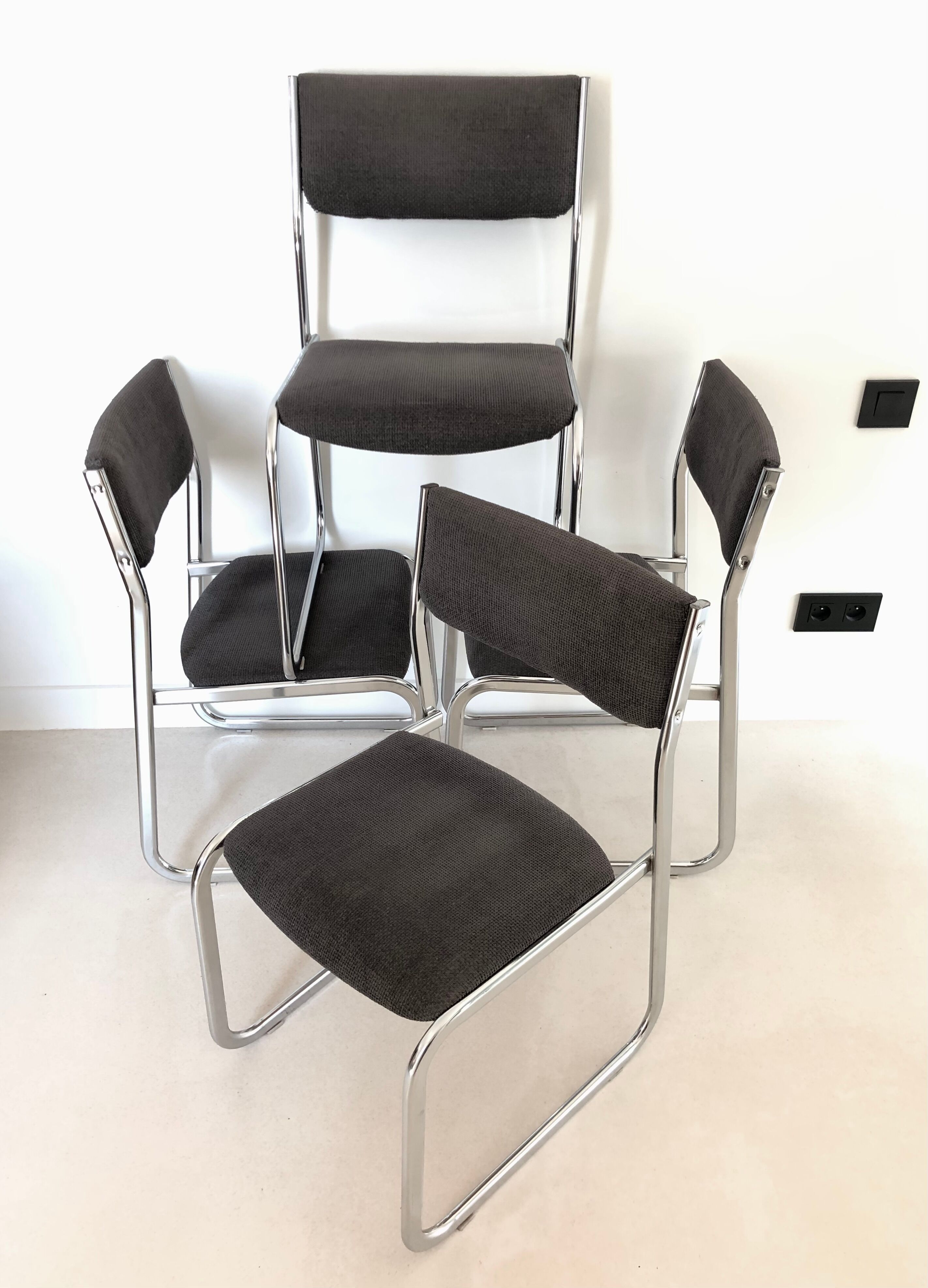 Chrome chair in gray fabric, Italy 1970s