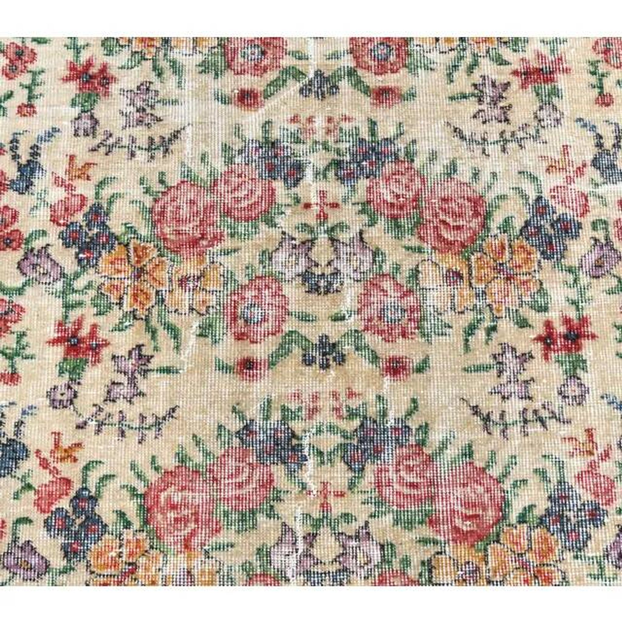 Turkish  Oushak vintage hand-knotted floral green rugs bordered 176x205