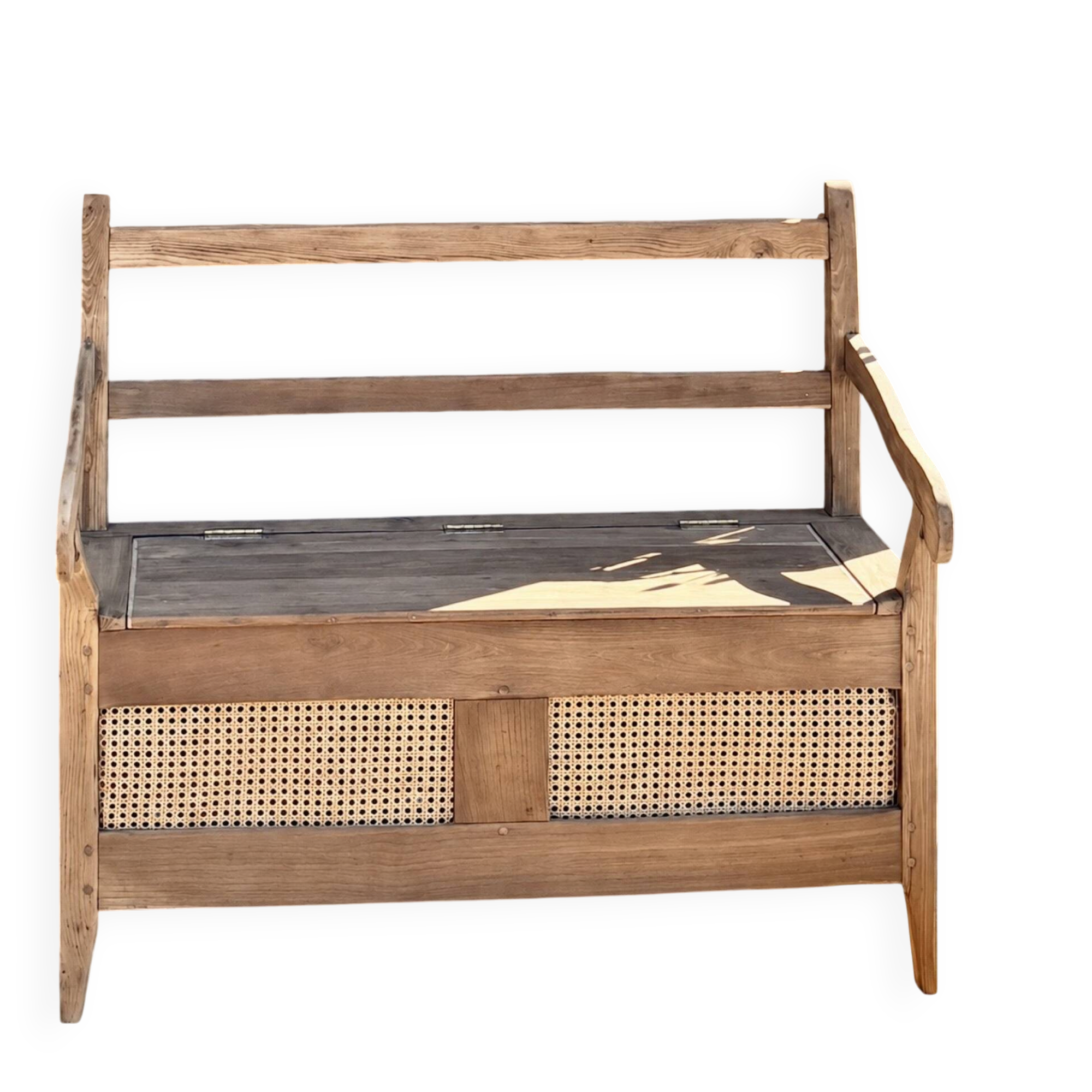 Antique oak solid wood bank with caning.
