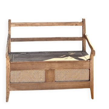 Antique oak solid wood bank with caning.