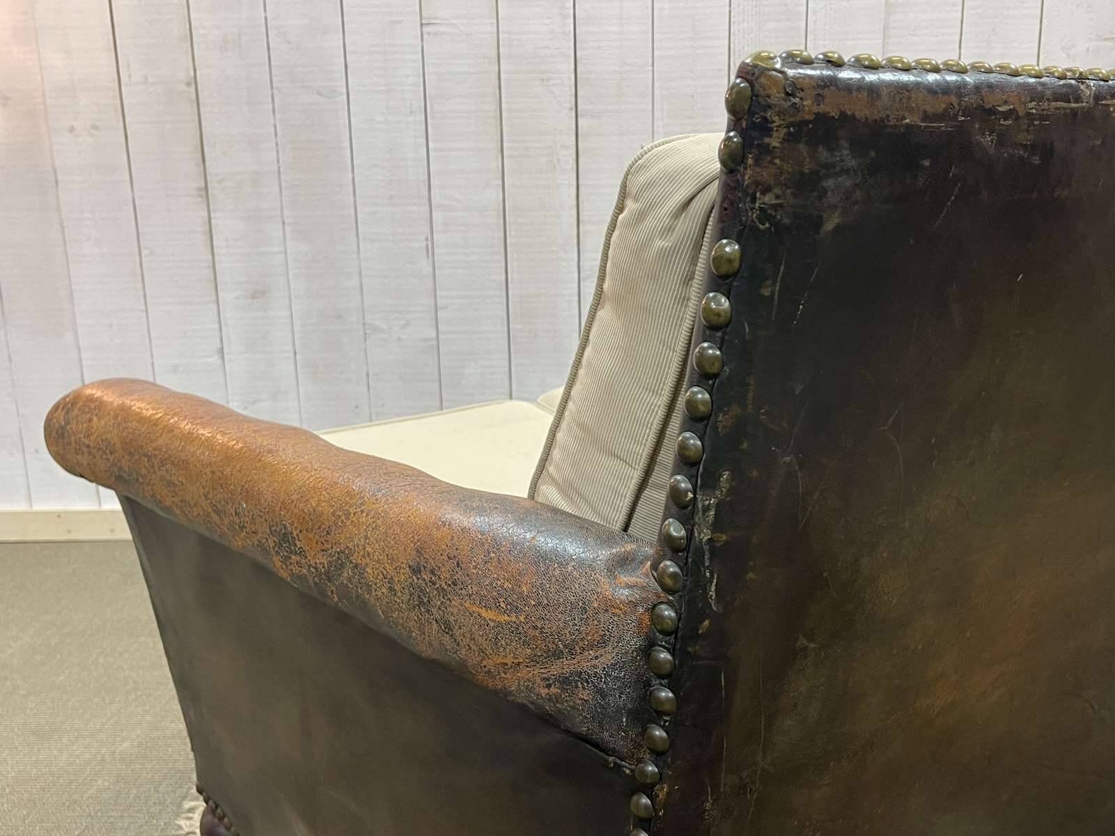 Early 20th century leather club sofa - seat and back in modern fabric